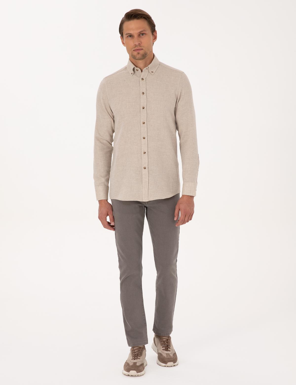 Bej Slim Fit Dokulu Uzun Kollu Gömlek - 50316768008