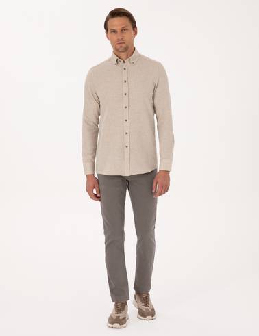 Bej Slim Fit Dokulu Uzun Kollu Gömlek