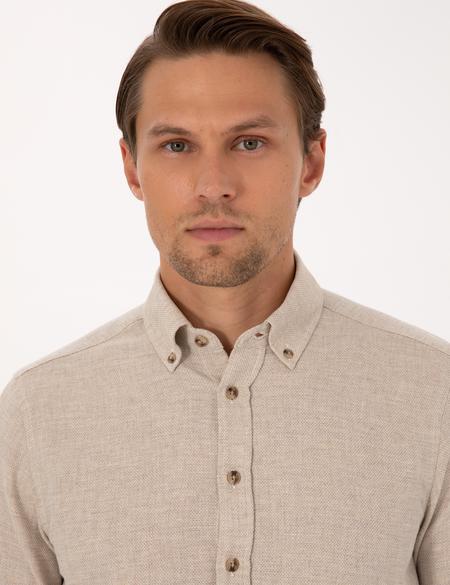 Bej Slim Fit Dokulu Uzun Kollu Gömlek - 50316768008