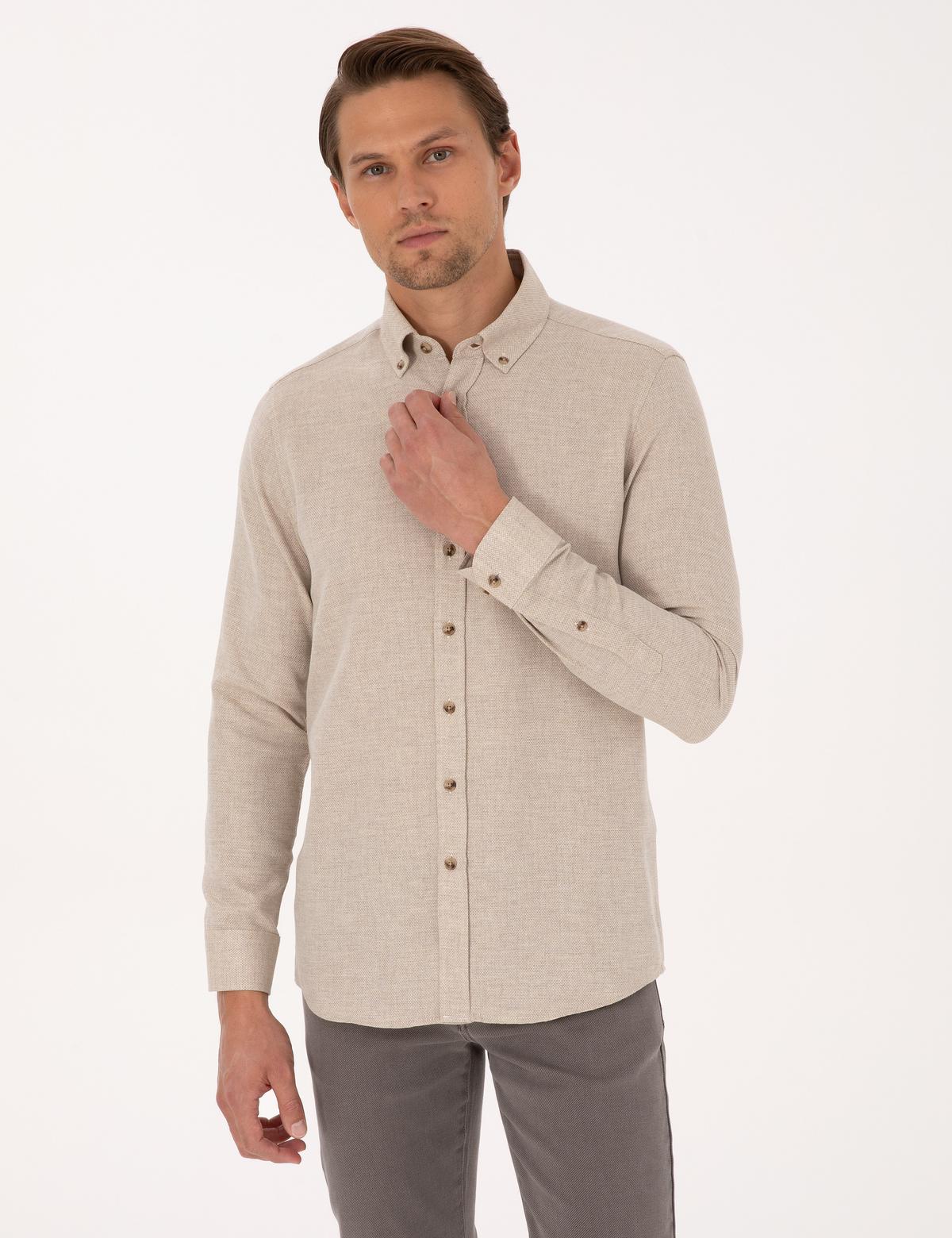 Bej Slim Fit Dokulu Uzun Kollu Gömlek