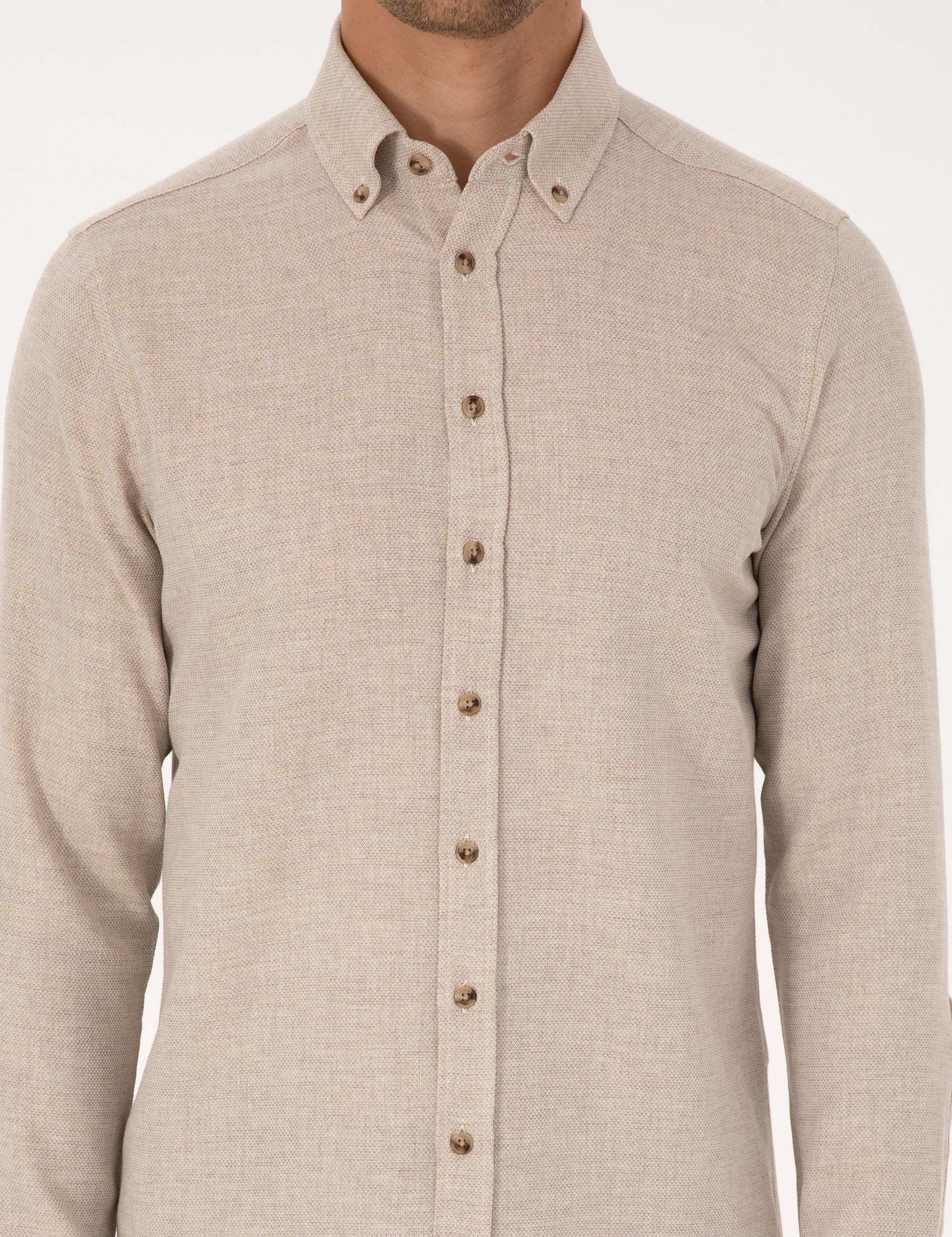 Bej Slim Fit Dokulu Uzun Kollu Gömlek