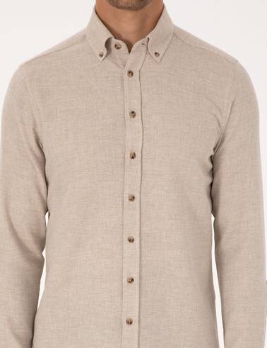 Bej Slim Fit Dokulu Uzun Kollu Gömlek