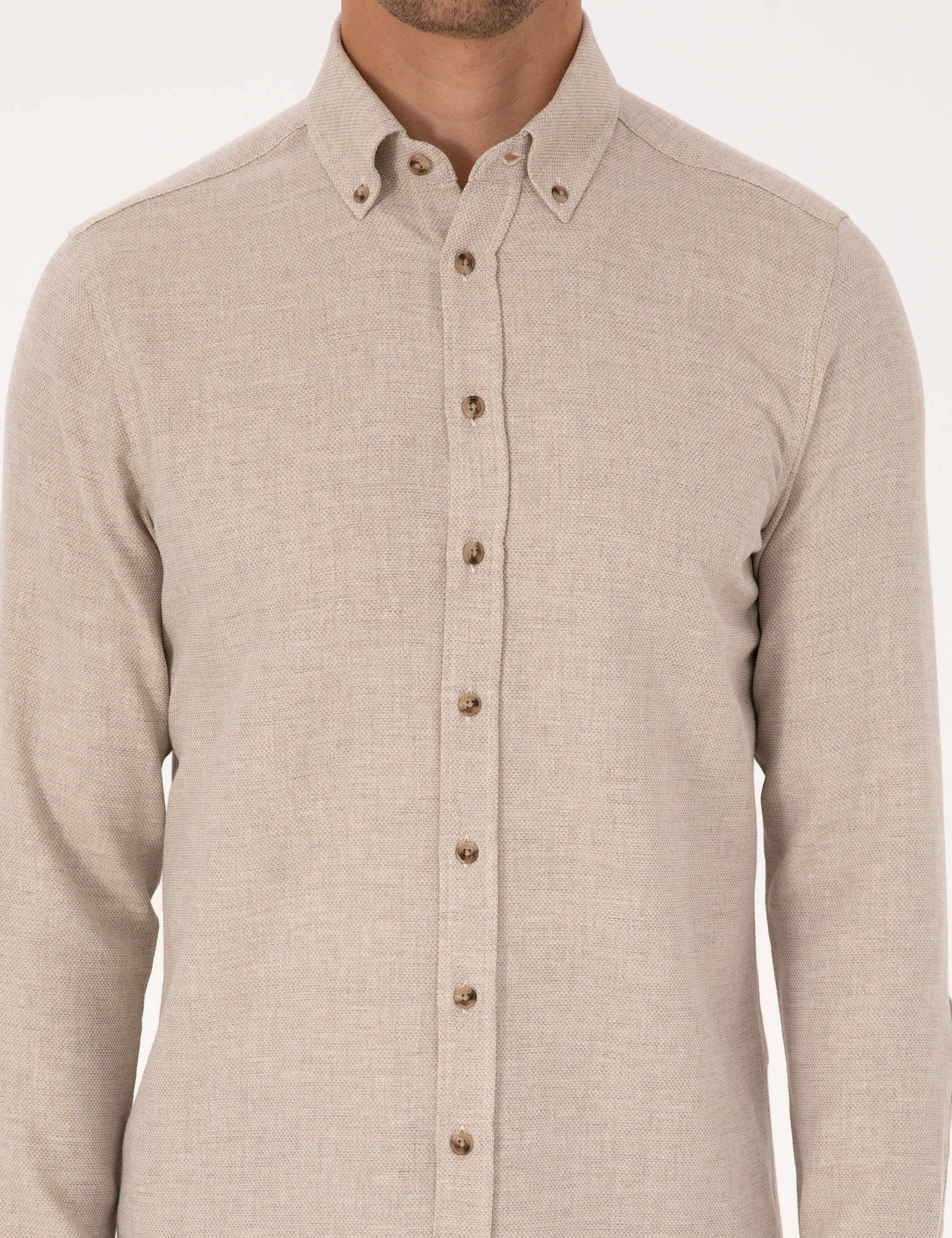 Bej Slim Fit Dokulu Uzun Kollu Gömlek - Image 6