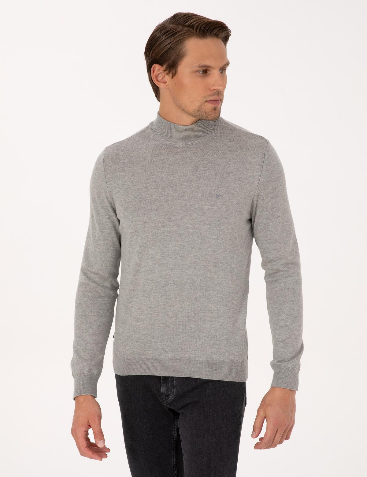 Açık Gri Melanj Slim Fit Yarım Balıkçı Yaka Basic Triko Kazak - 50296614067