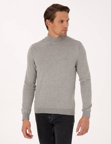 Açık Gri Melanj Slim Fit Yarım Balıkçı Yaka Basic Triko Kazak