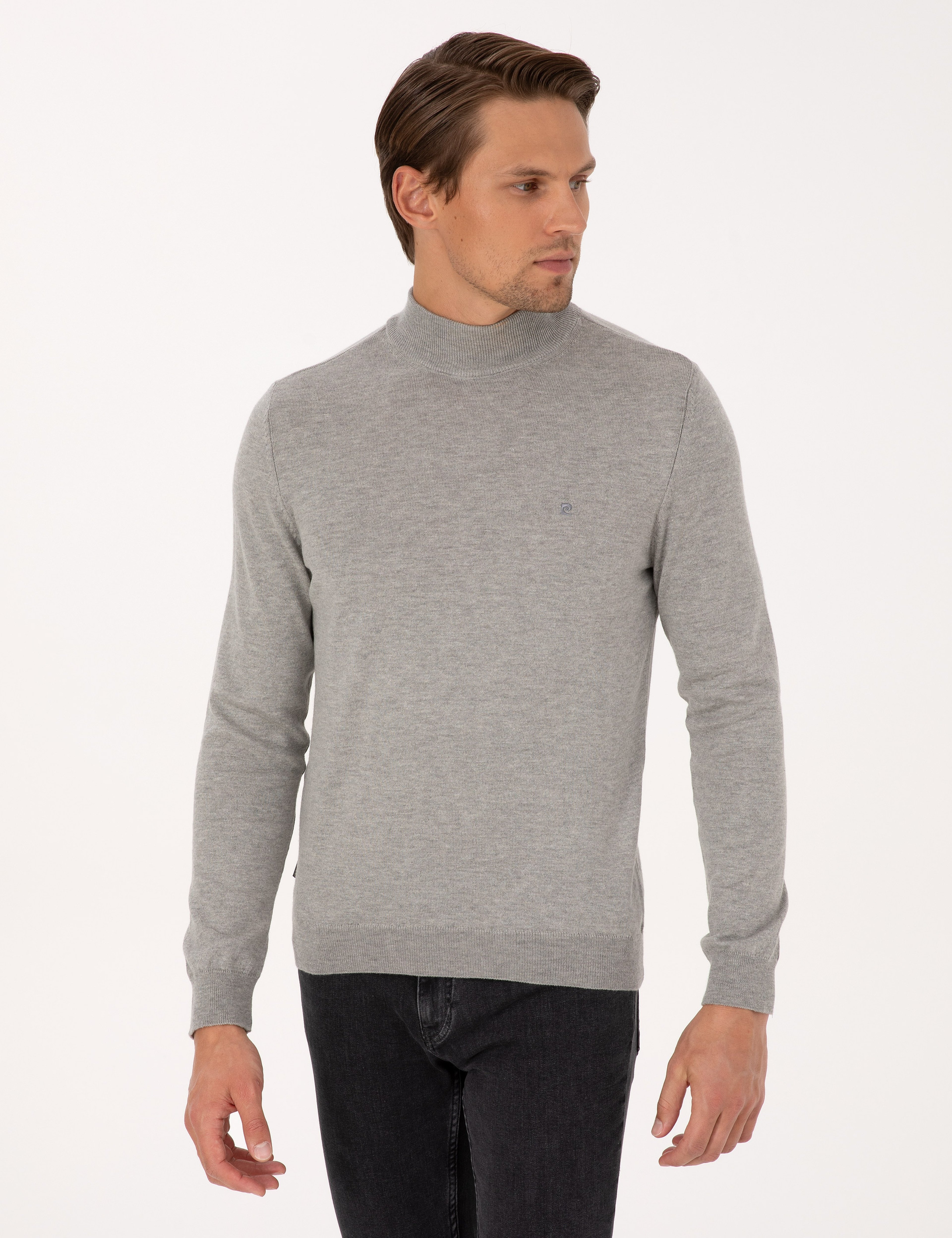 Açık Gri Melanj Slim Fit Yarım Balıkçı Yaka Basic Triko Kazak
