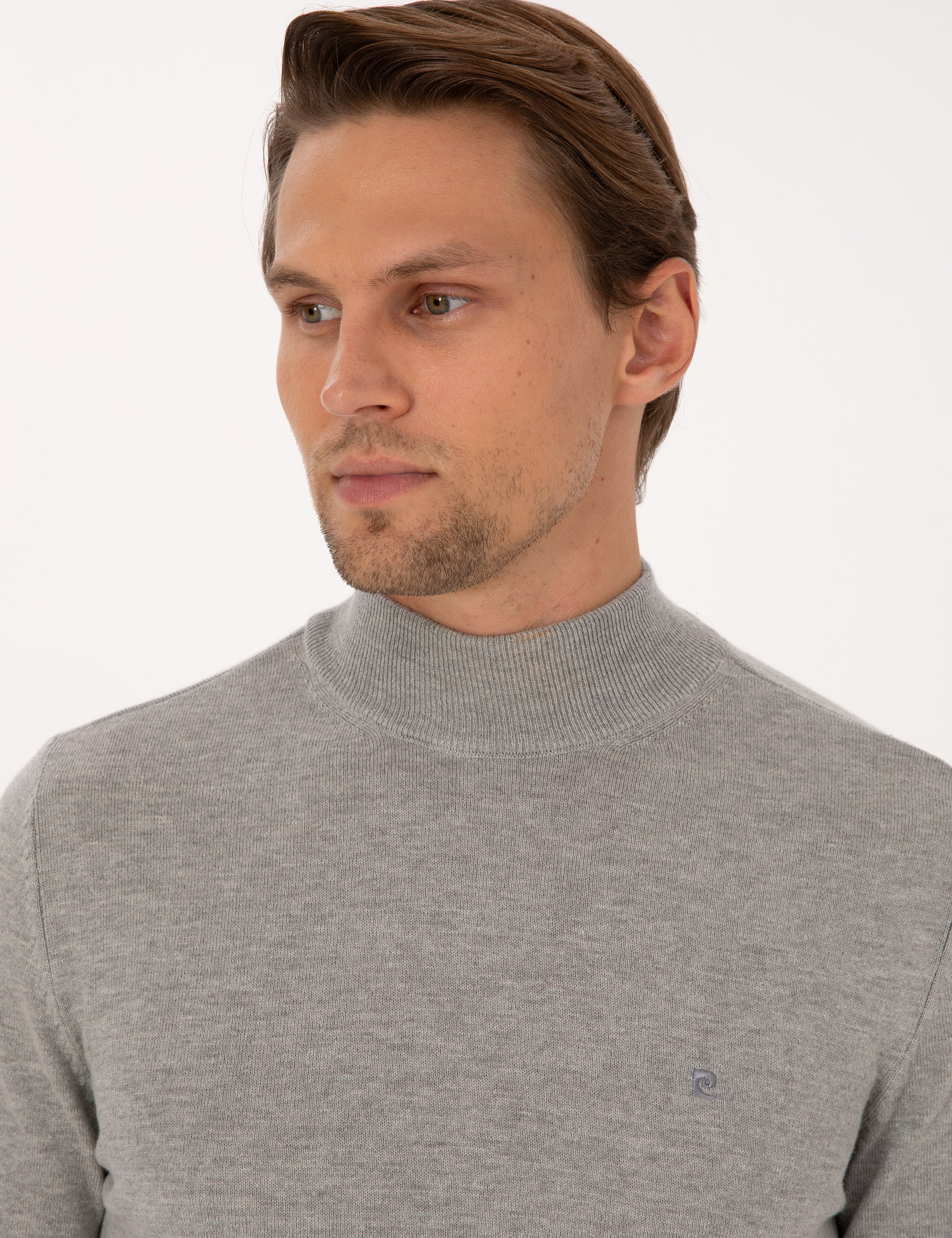 Açık Gri Melanj Slim Fit Yarım Balıkçı Yaka Basic Triko Kazak