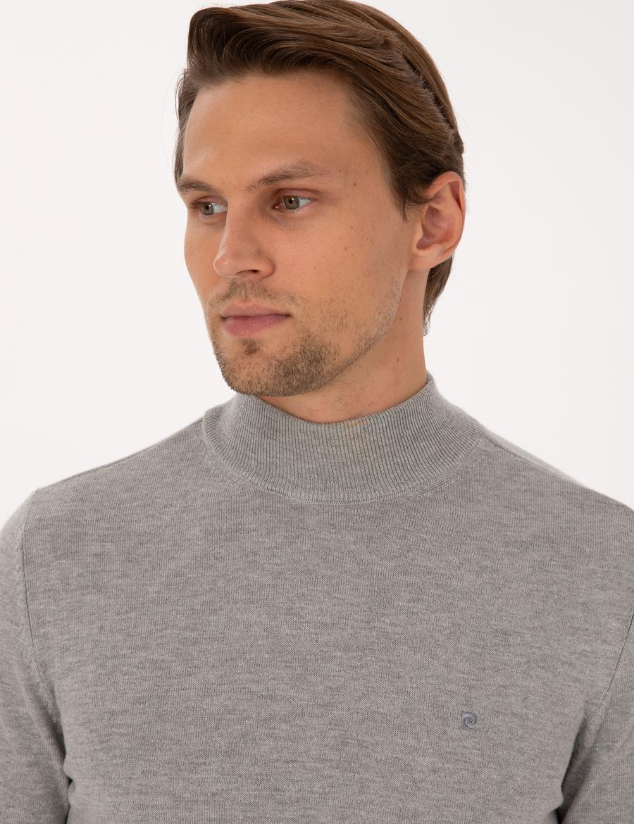 Açık Gri Melanj Slim Fit Yarım Balıkçı Yaka Basic Triko Kazak
