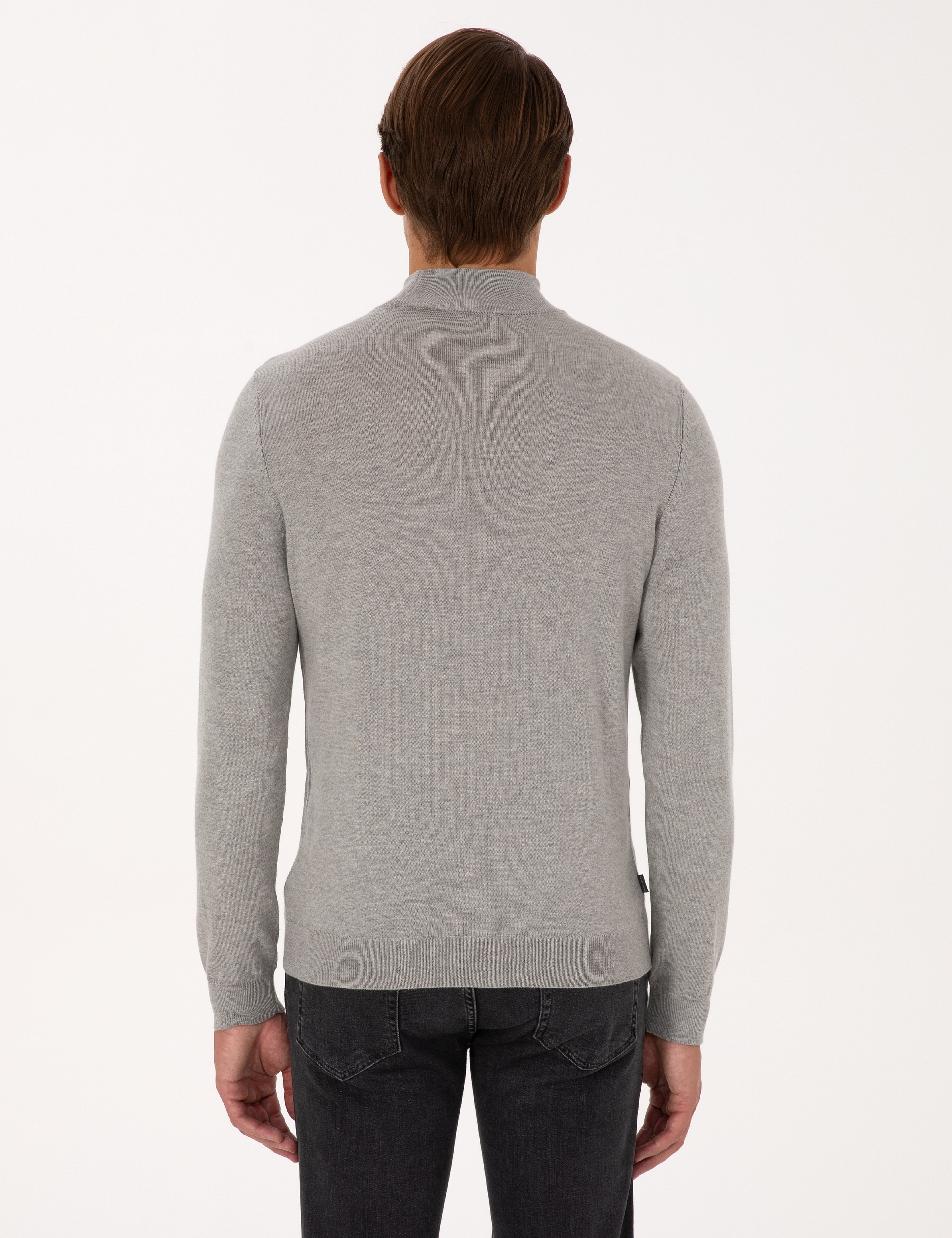 Açık Gri Melanj Slim Fit Yarım Balıkçı Yaka Basic Triko Kazak - Image 5