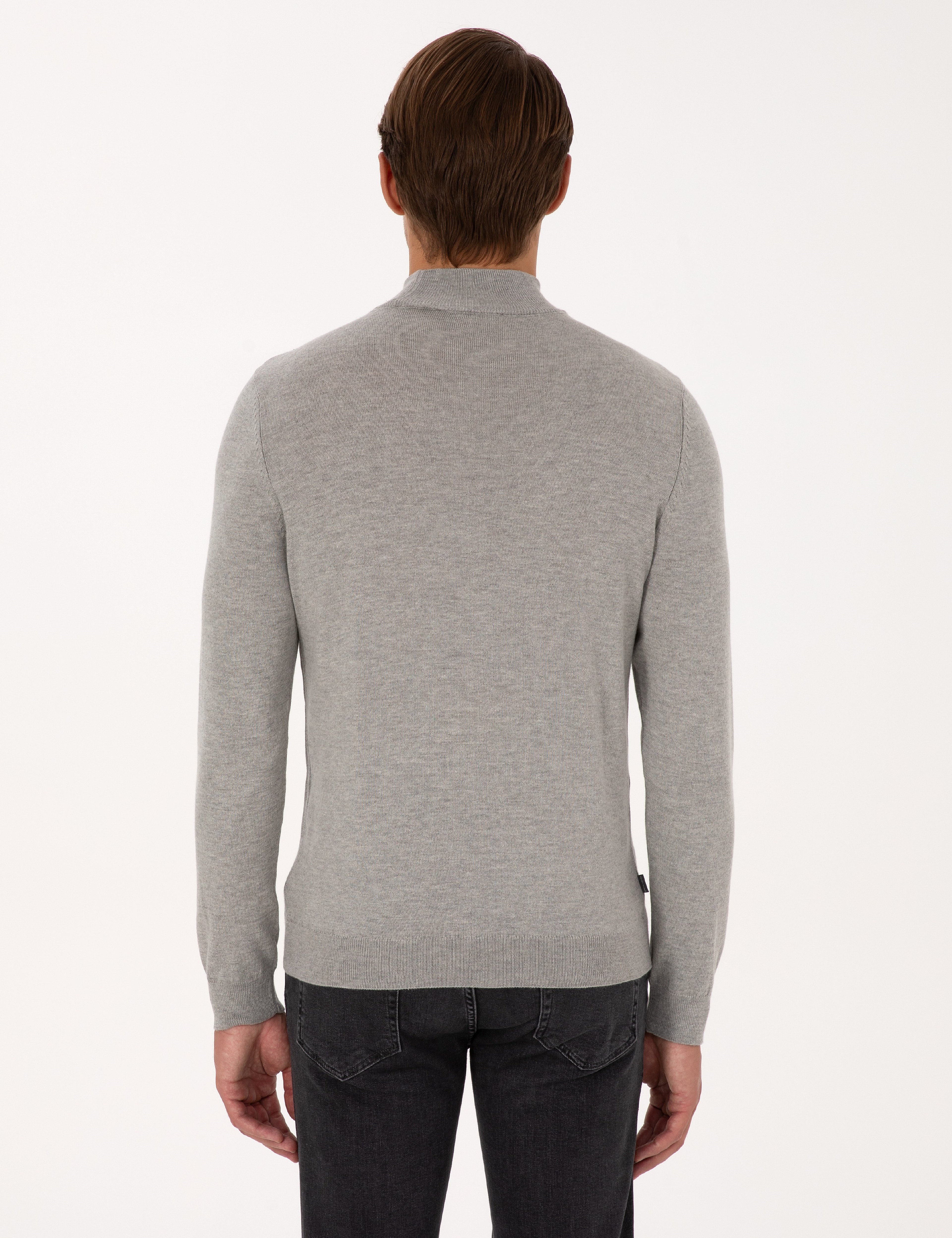 Açık Gri Melanj Slim Fit Yarım Balıkçı Yaka Basic Triko Kazak