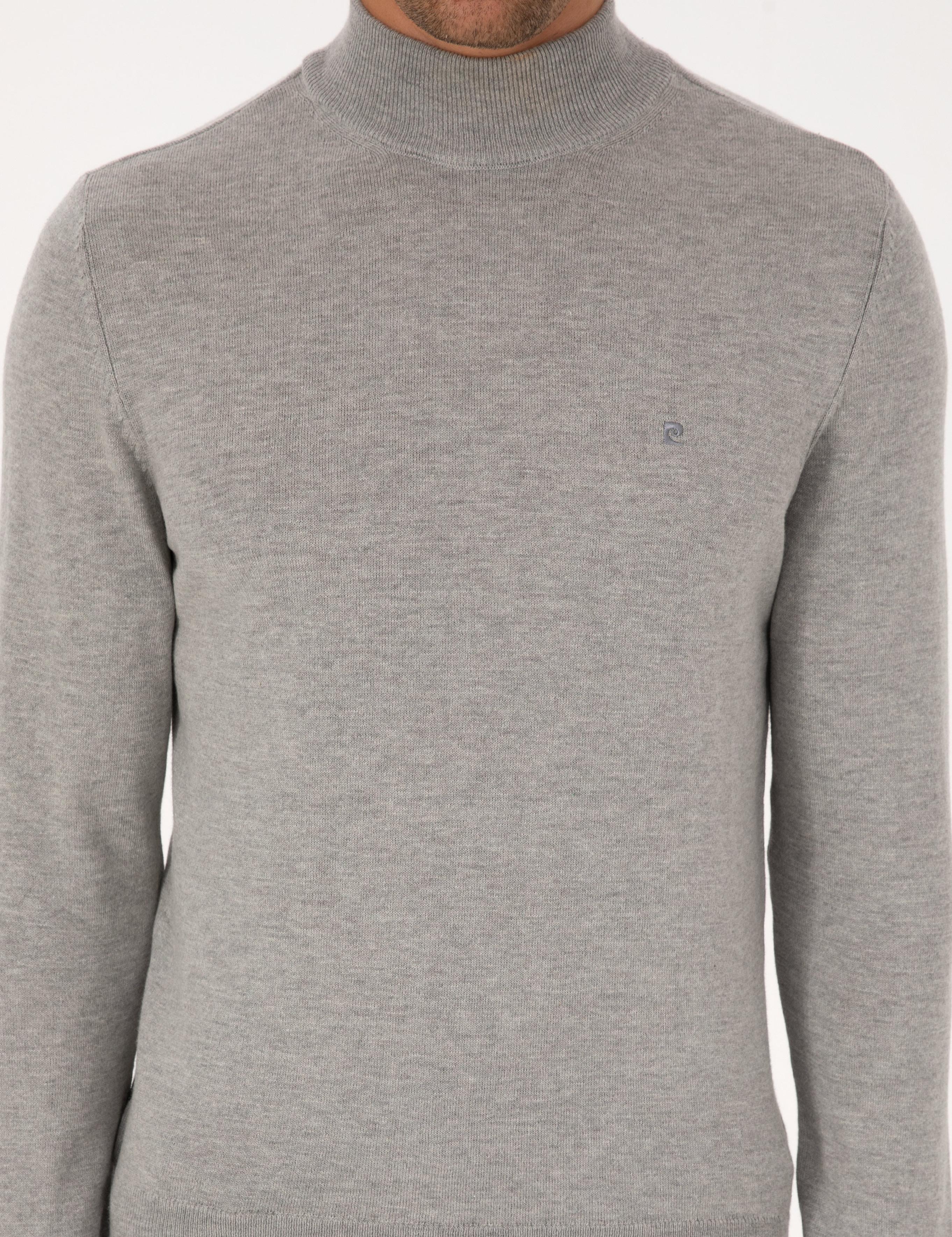 Açık Gri Melanj Slim Fit Yarım Balıkçı Yaka Basic Triko Kazak