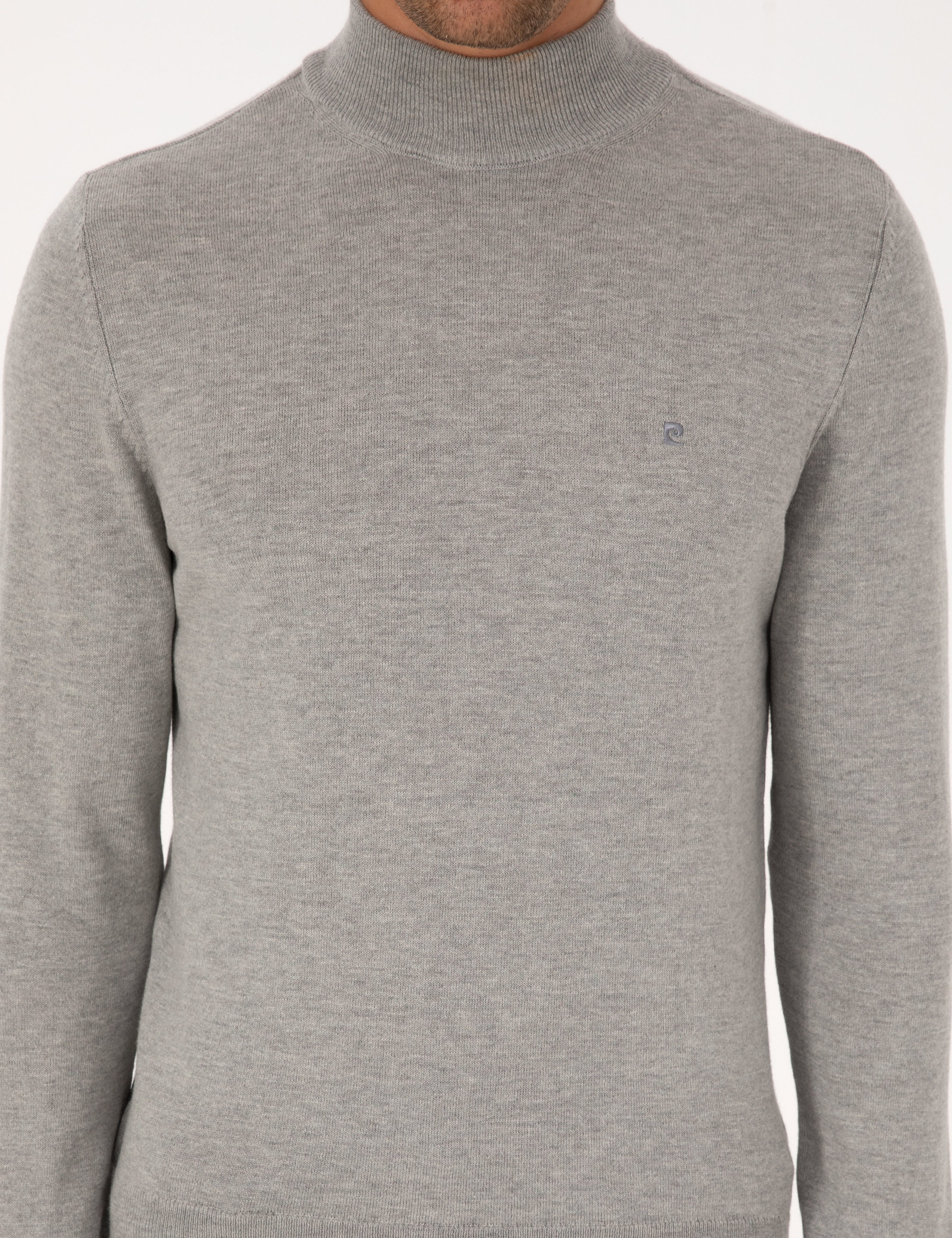 Açık Gri Melanj Slim Fit Yarım Balıkçı Yaka Basic Triko Kazak