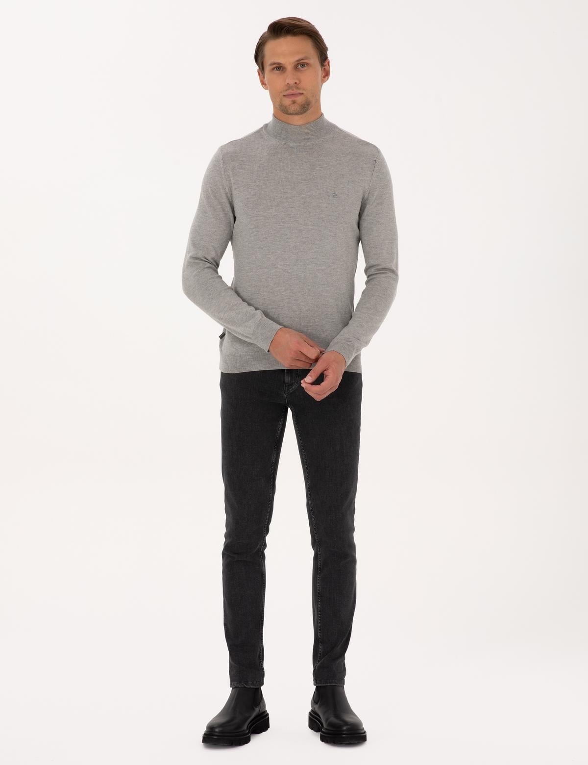 Açık Gri Melanj Slim Fit Yarım Balıkçı Yaka Basic Triko Kazak - 50296614067