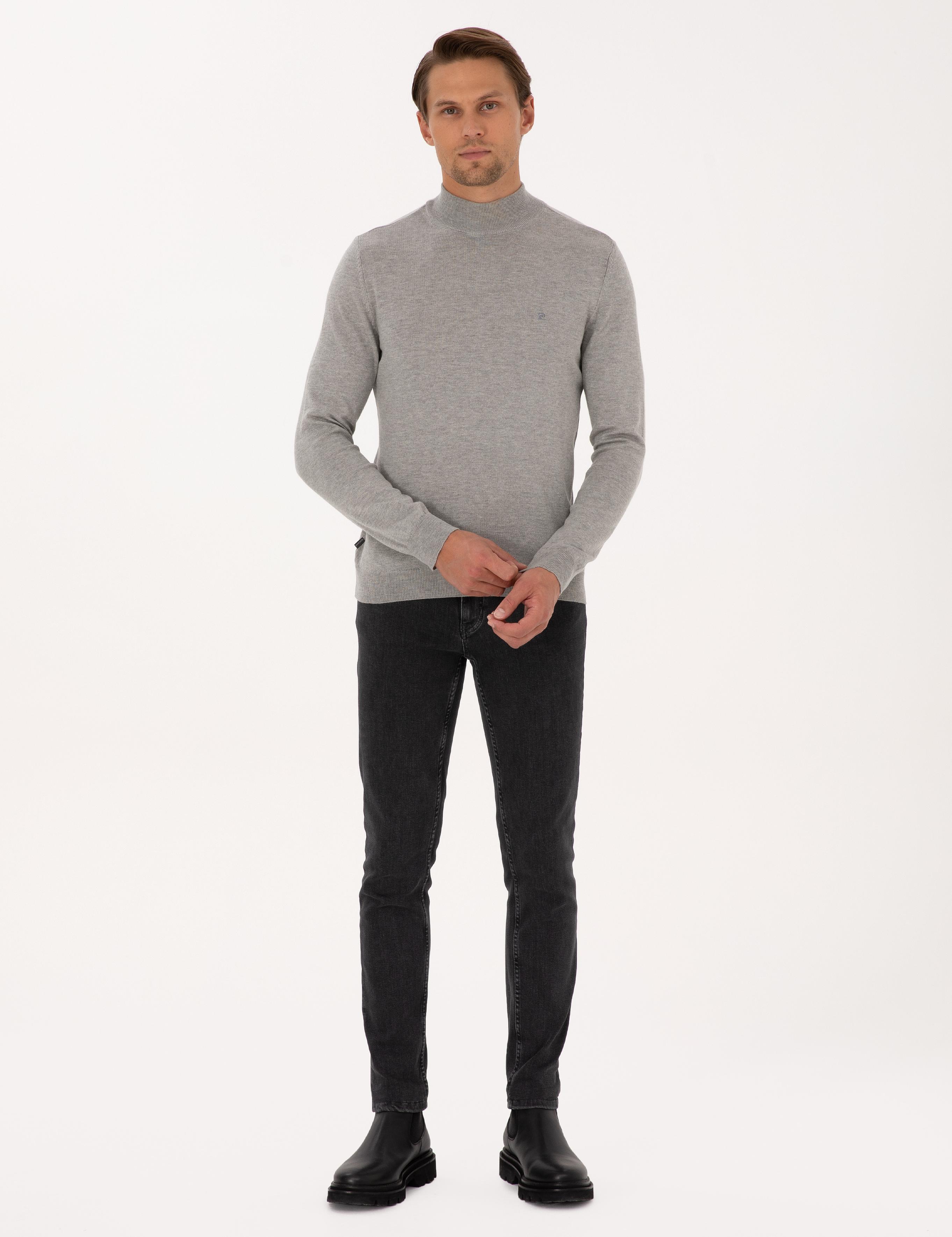 Açık Gri Melanj Slim Fit Yarım Balıkçı Yaka Basic Triko Kazak