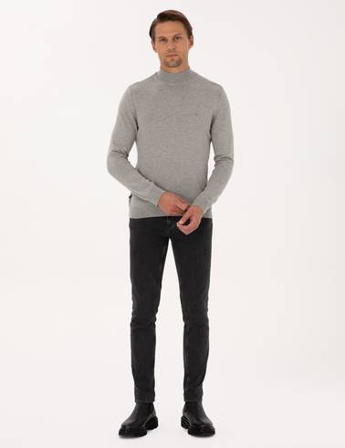 Açık Gri Melanj Slim Fit Yarım Balıkçı Yaka Basic Triko Kazak