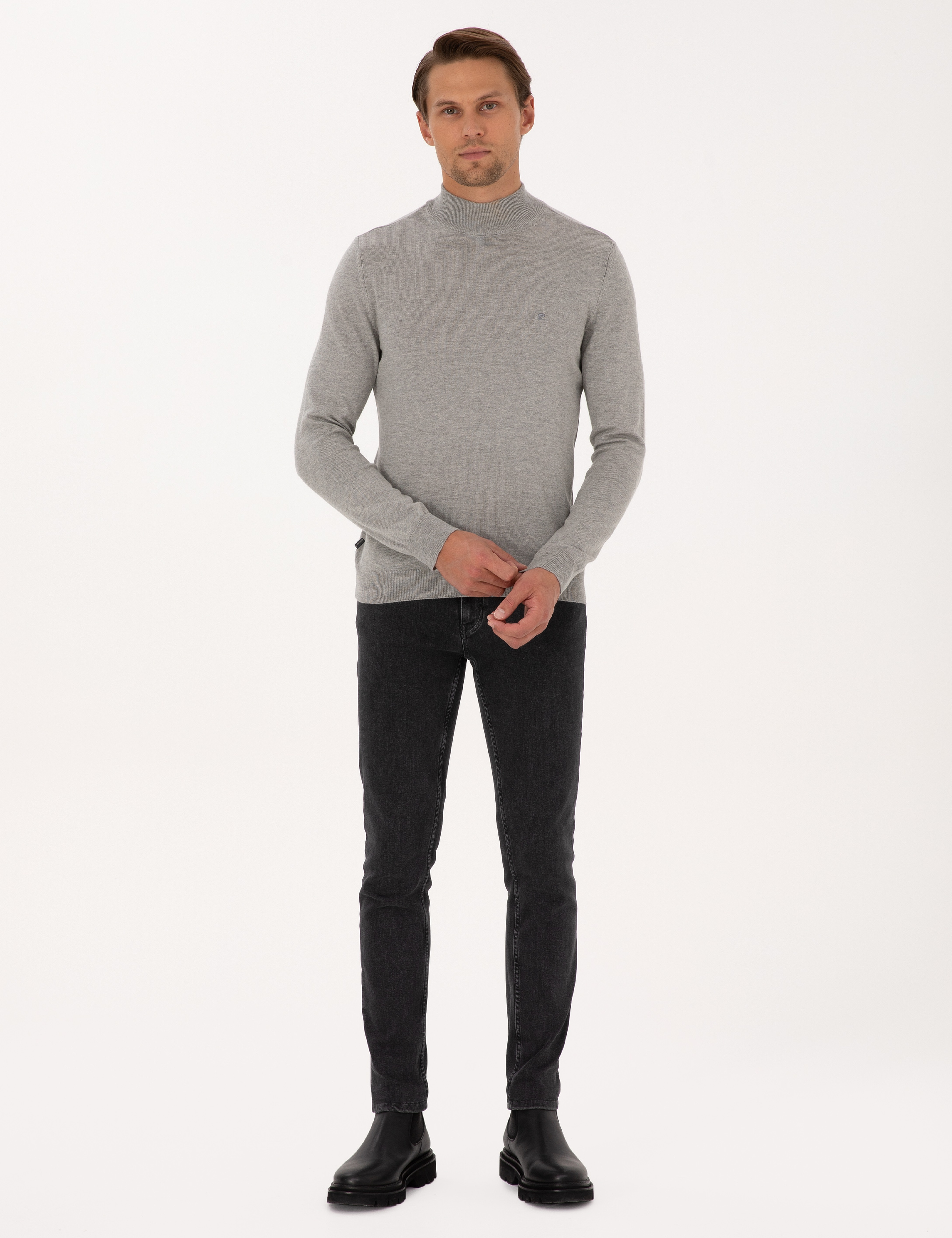 Açık Gri Melanj Slim Fit Yarım Balıkçı Yaka Basic Triko Kazak - Image 4