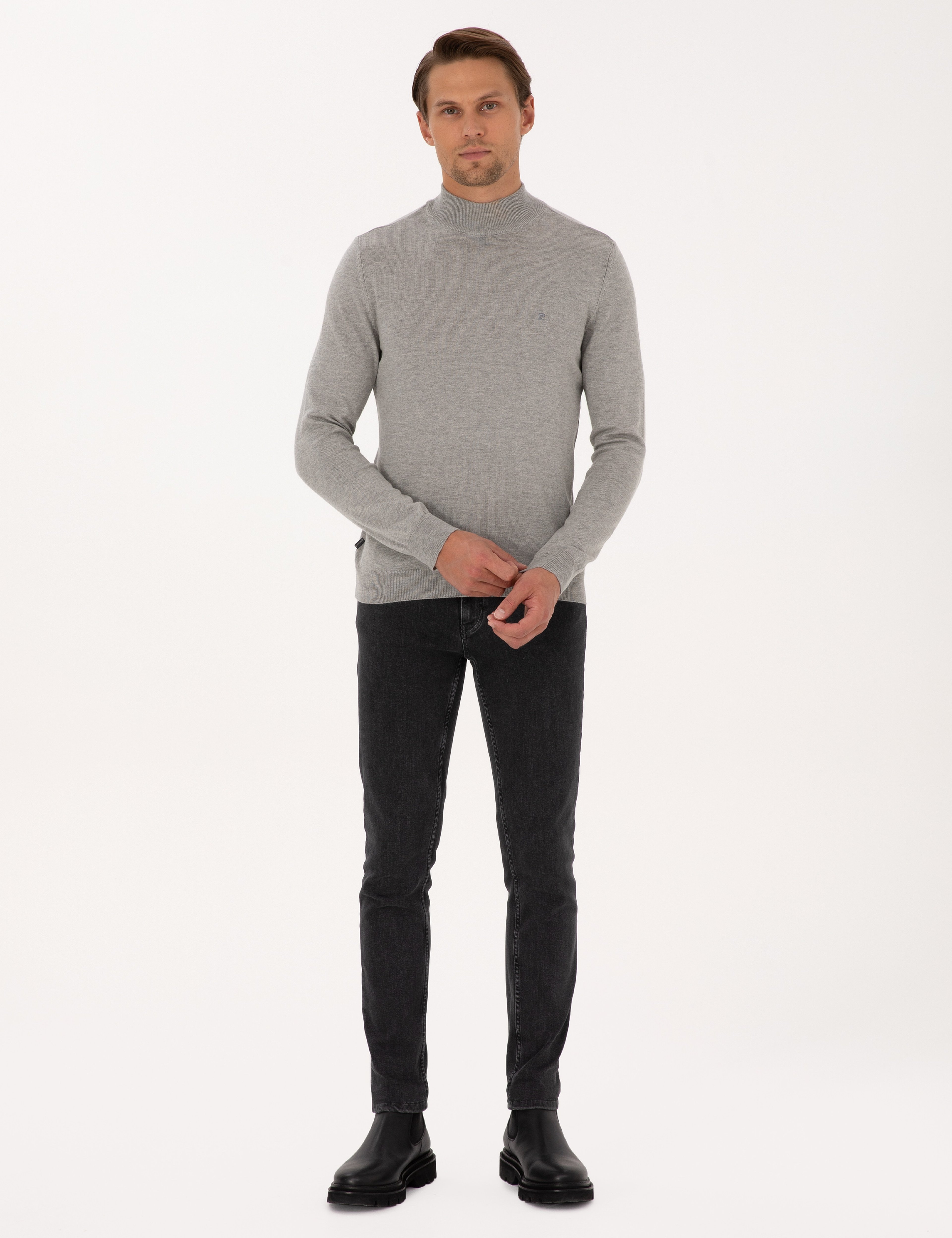 Açık Gri Melanj Slim Fit Yarım Balıkçı Yaka Basic Triko Kazak