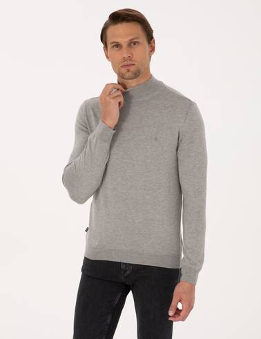 Açık Gri Melanj Slim Fit Yarım Balıkçı Yaka Basic Triko Kazak