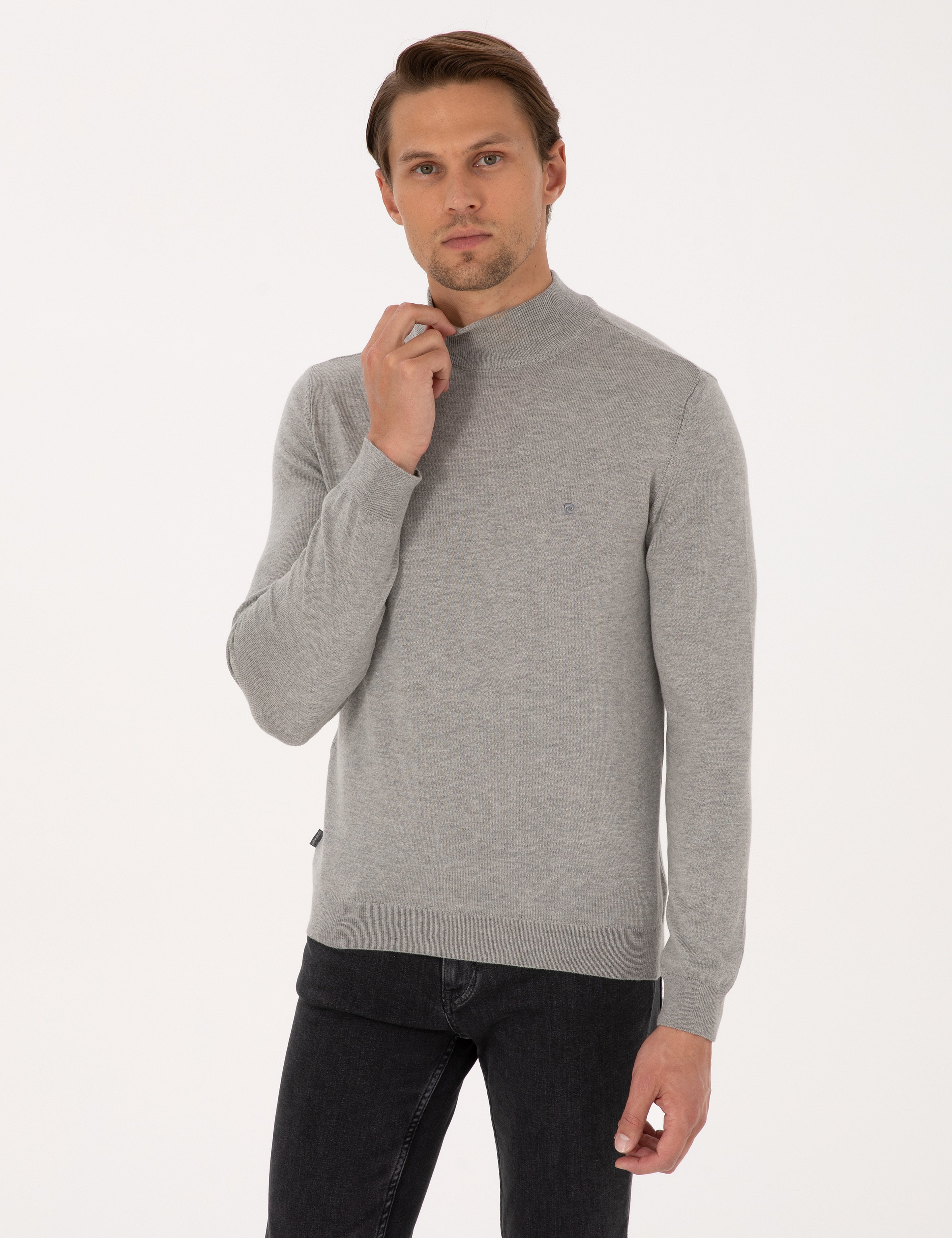 Açık Gri Melanj Slim Fit Yarım Balıkçı Yaka Basic Triko Kazak - Image 1