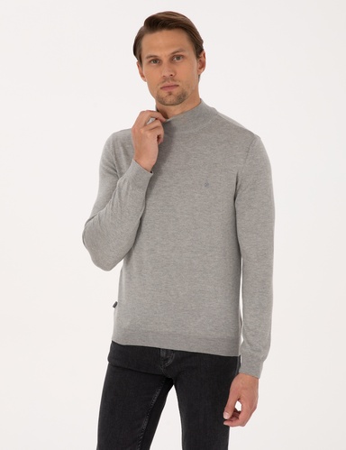 Açık Gri Melanj Slim Fit Yarım Balıkçı Yaka Basic Triko Kazak