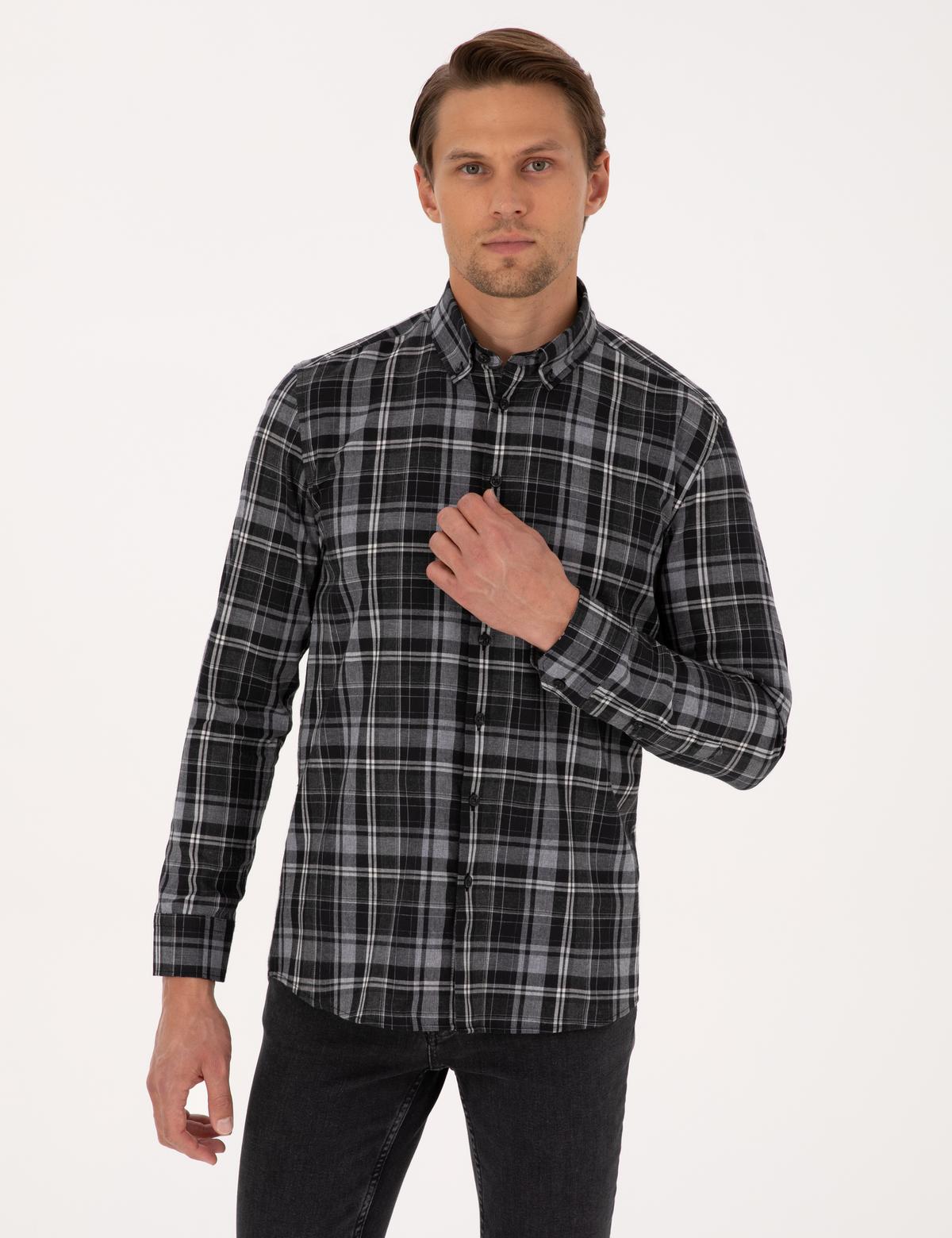 Siyah Ekose Regular Fit Uzun Kollu Spor Gömlek