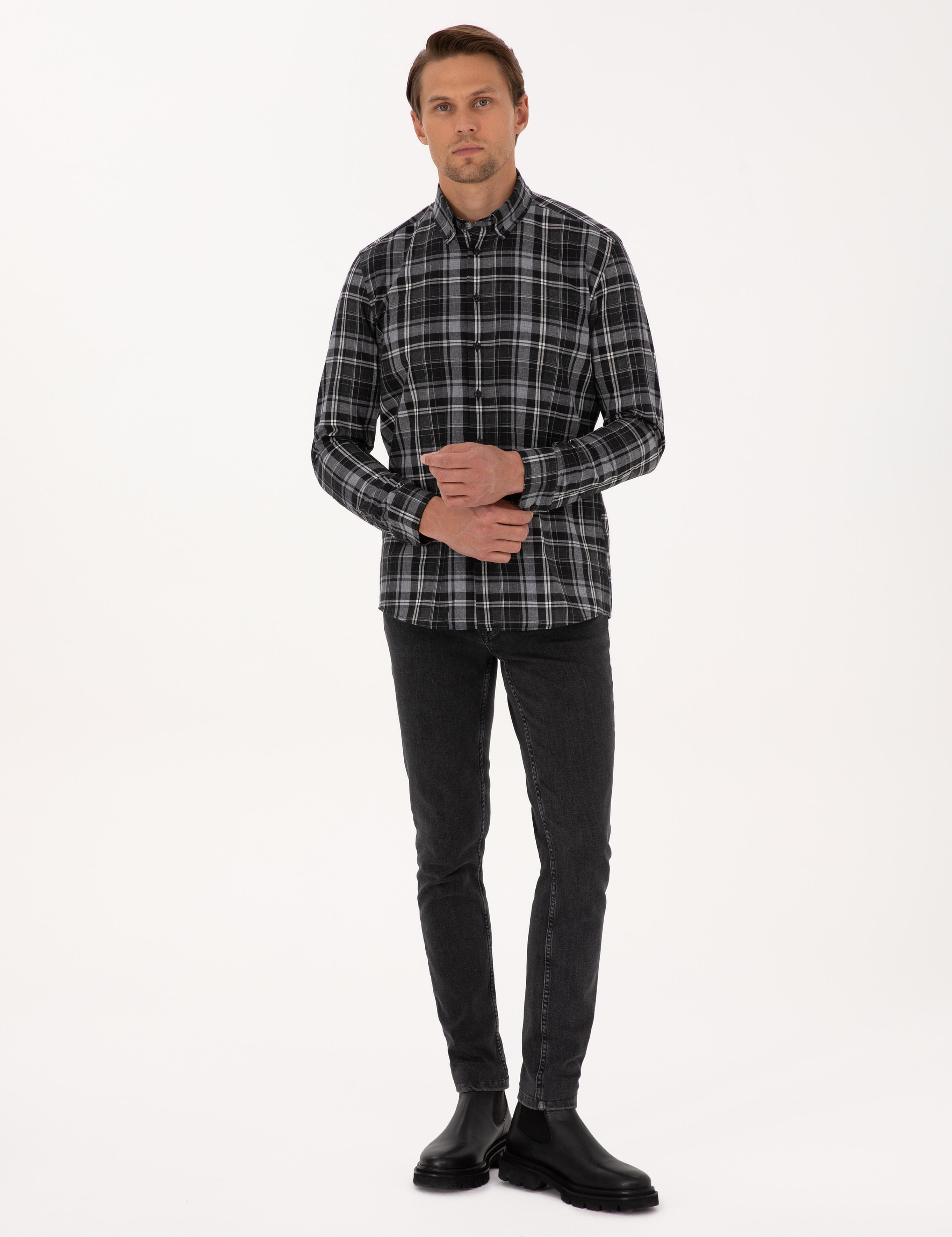 Siyah Ekose Regular Fit Uzun Kollu Spor Gömlek