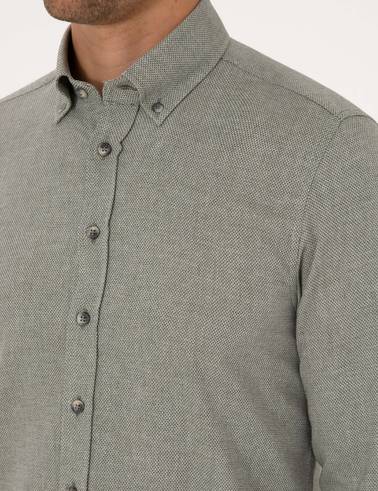Yeşil Slim Fit Dokulu Uzun Kollu Gömlek