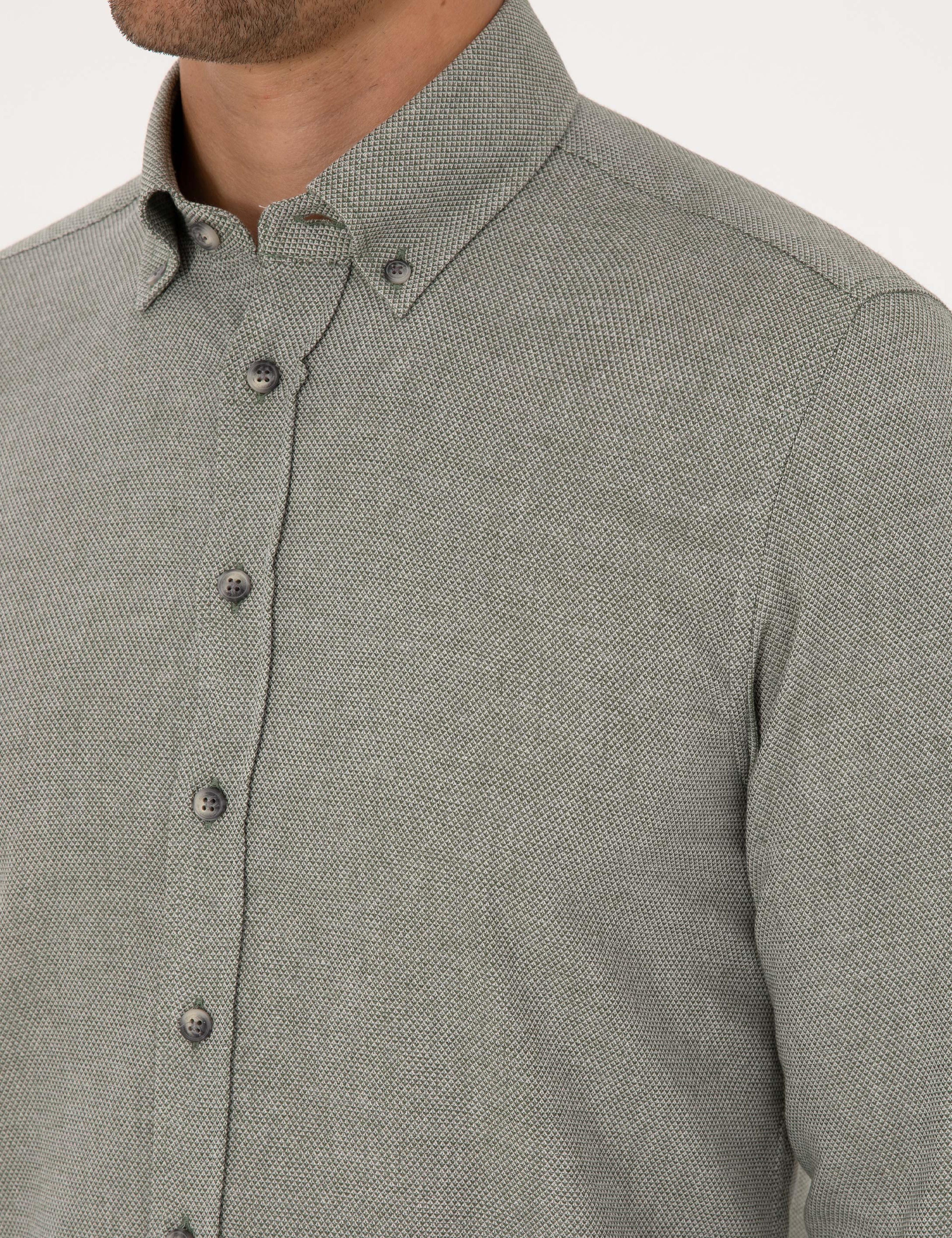 Yeşil Slim Fit Dokulu Uzun Kollu Gömlek