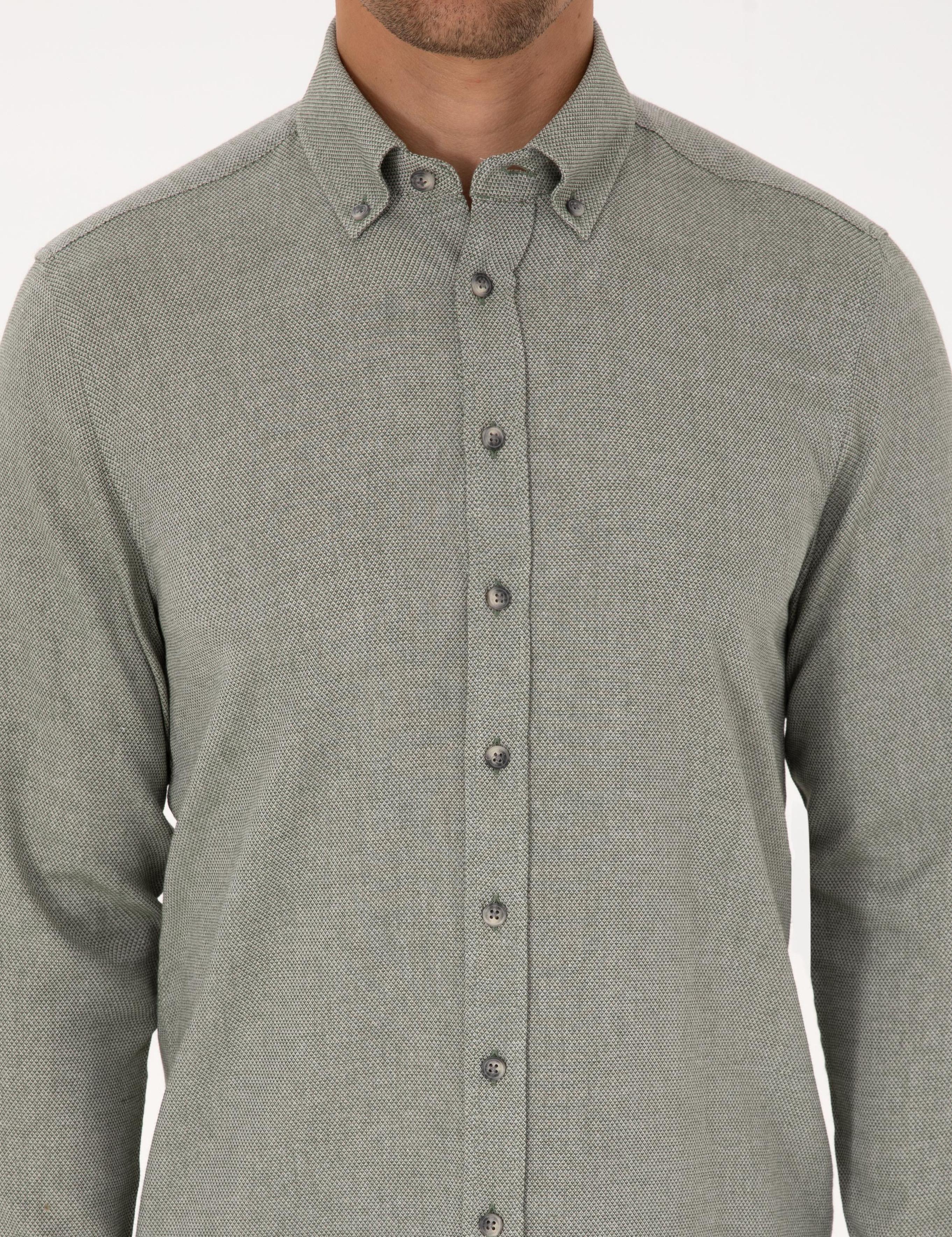 Yeşil Slim Fit Dokulu Uzun Kollu Gömlek