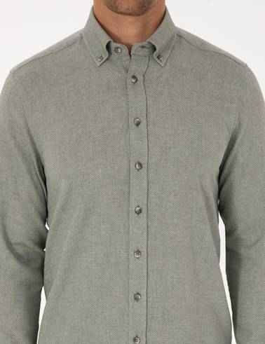 Yeşil Slim Fit Dokulu Uzun Kollu Gömlek
