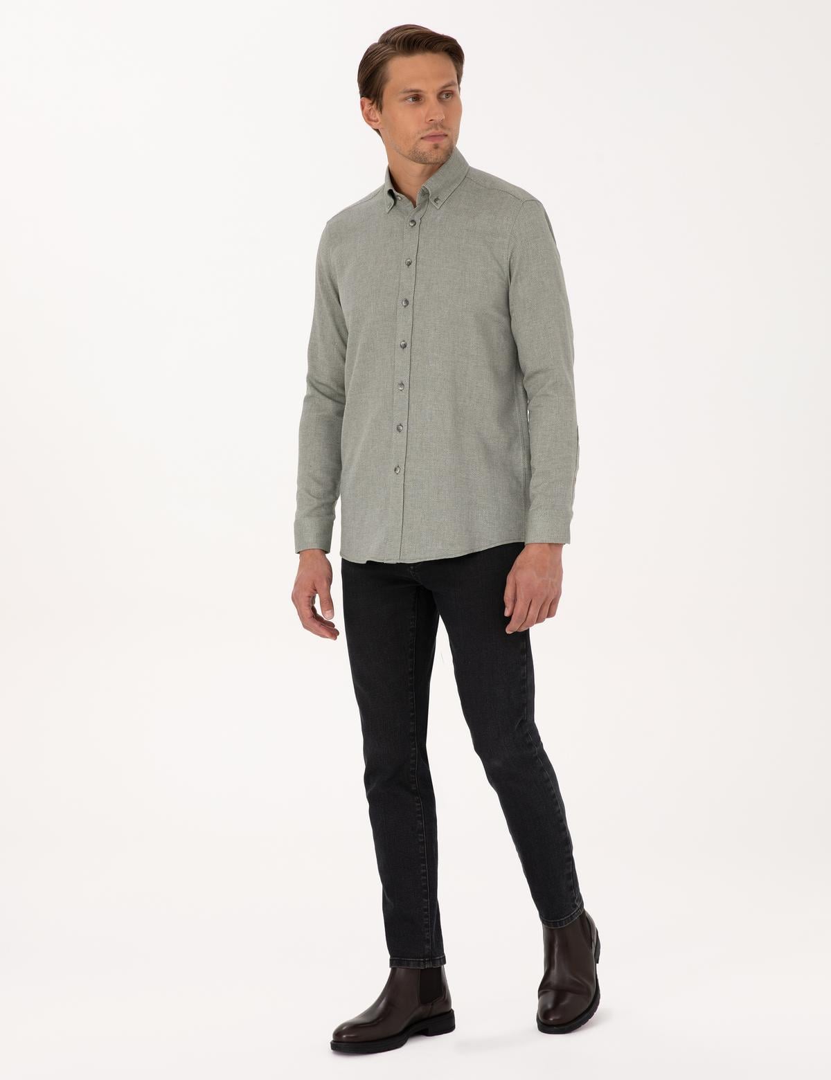 Yeşil Slim Fit Dokulu Uzun Kollu Gömlek - 50316768037