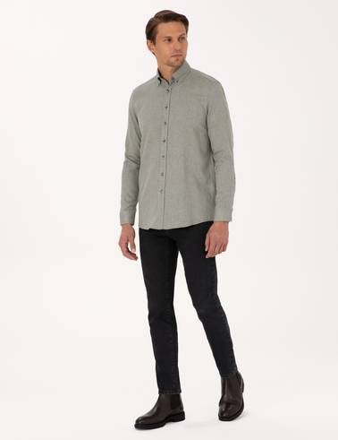 Yeşil Slim Fit Dokulu Uzun Kollu Gömlek
