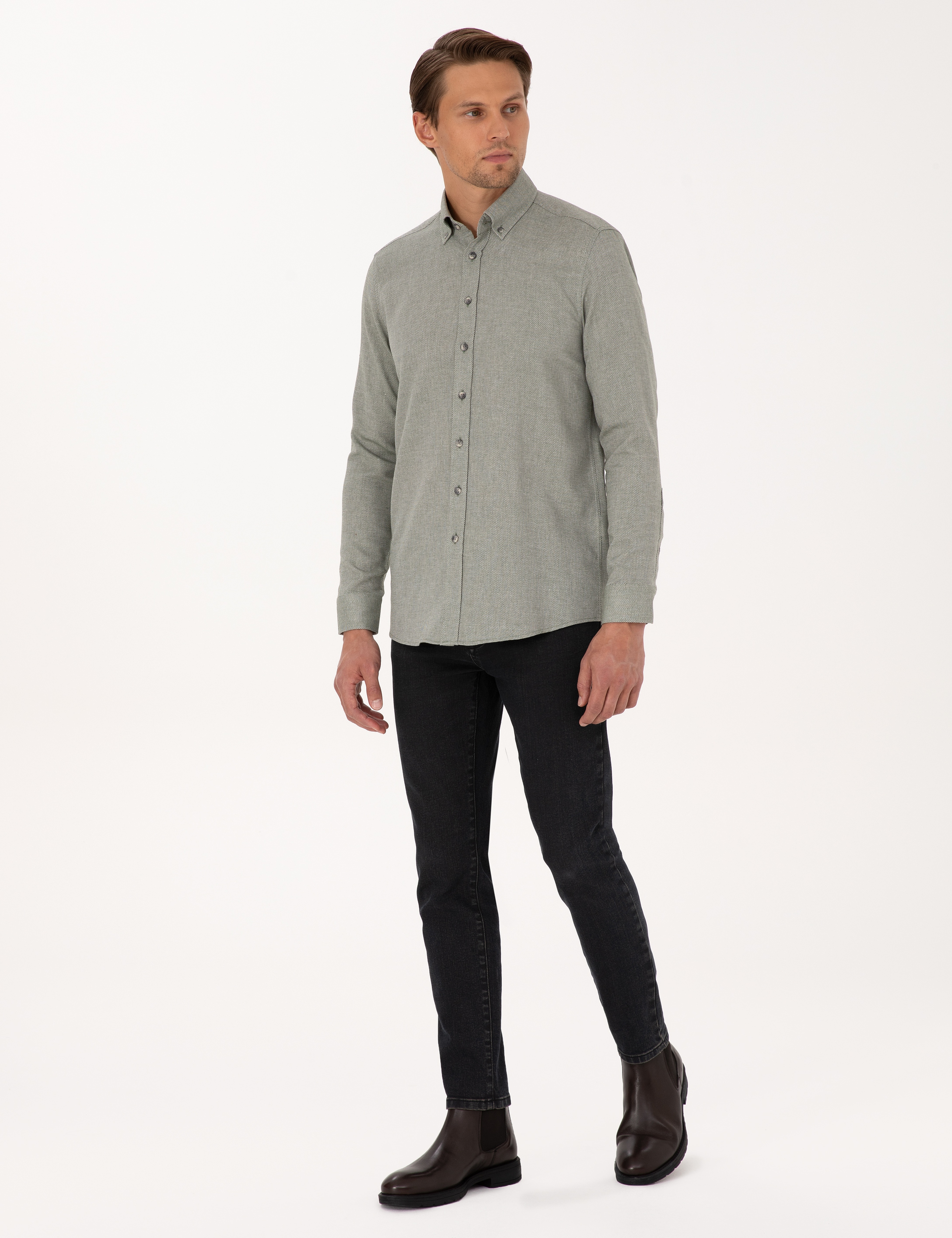 Yeşil Slim Fit Dokulu Uzun Kollu Gömlek - Image 4