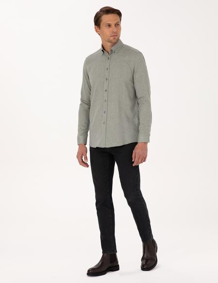 Yeşil Slim Fit Dokulu Uzun Kollu Gömlek - 50316768037