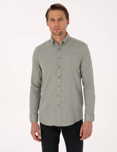 Yeşil Slim Fit Dokulu Uzun Kollu Gömlek
