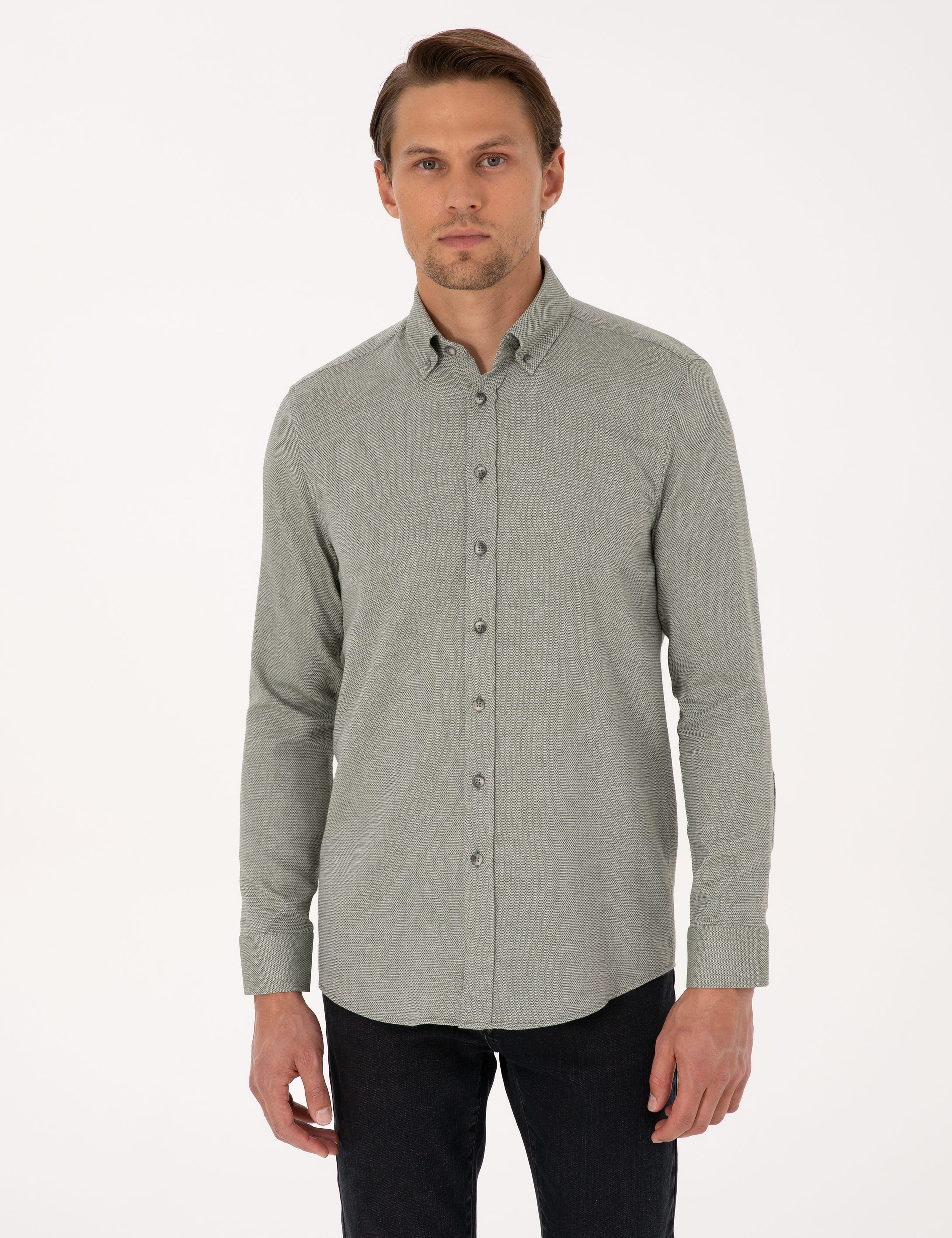 Yeşil Slim Fit Dokulu Uzun Kollu Gömlek