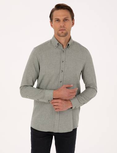 Yeşil Slim Fit Dokulu Uzun Kollu Gömlek