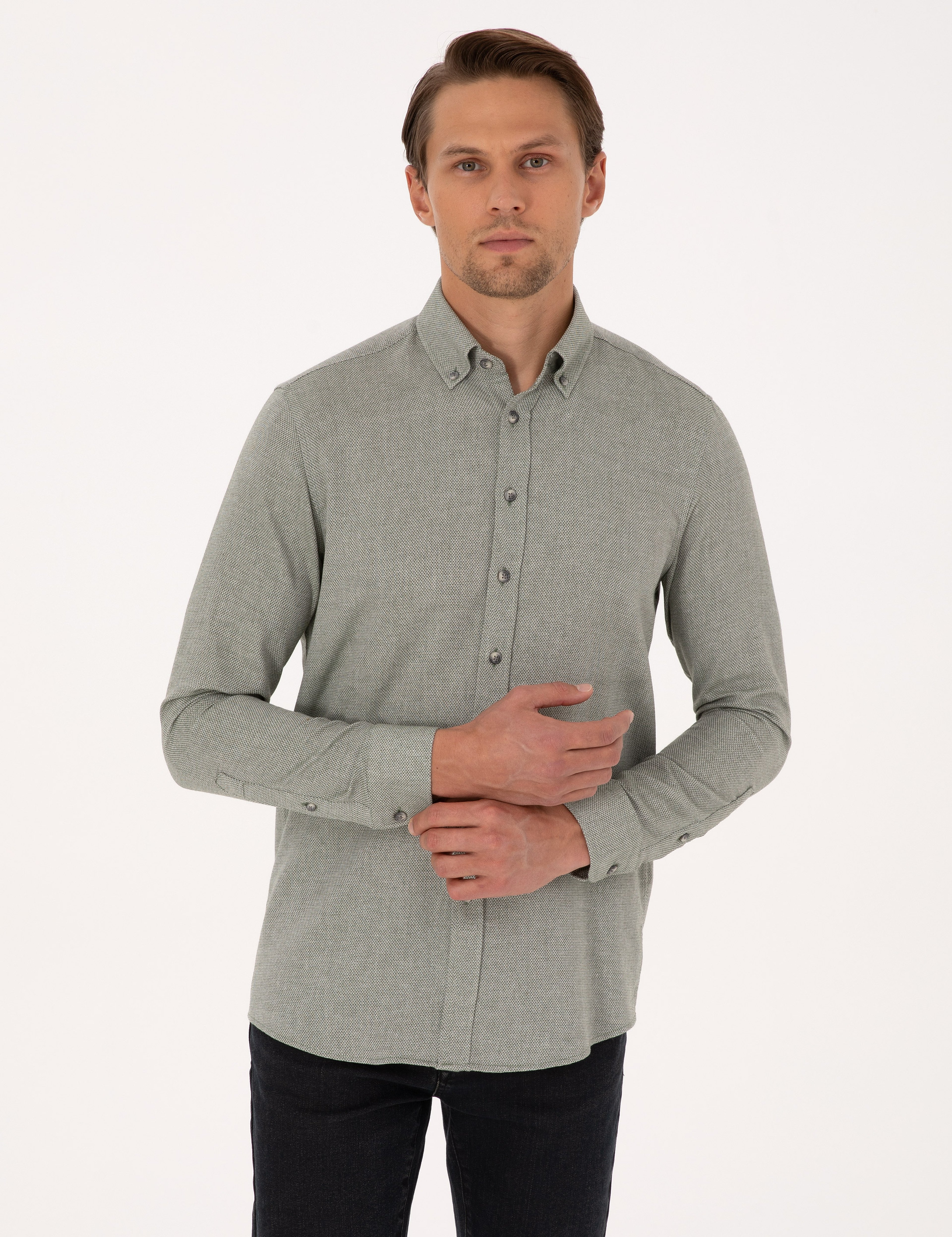Yeşil Slim Fit Dokulu Uzun Kollu Gömlek - Image 1