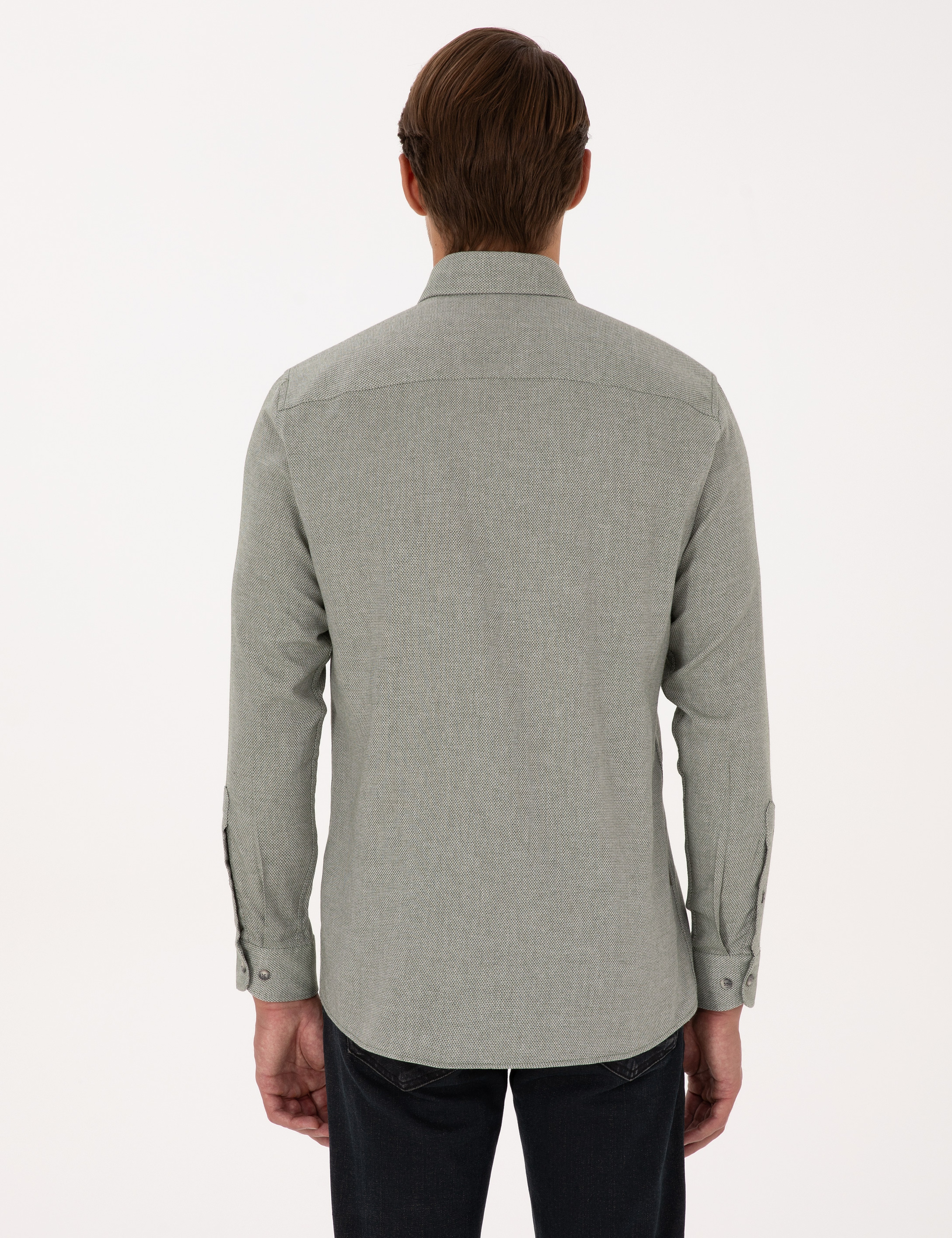 Yeşil Slim Fit Dokulu Uzun Kollu Gömlek - Image 5
