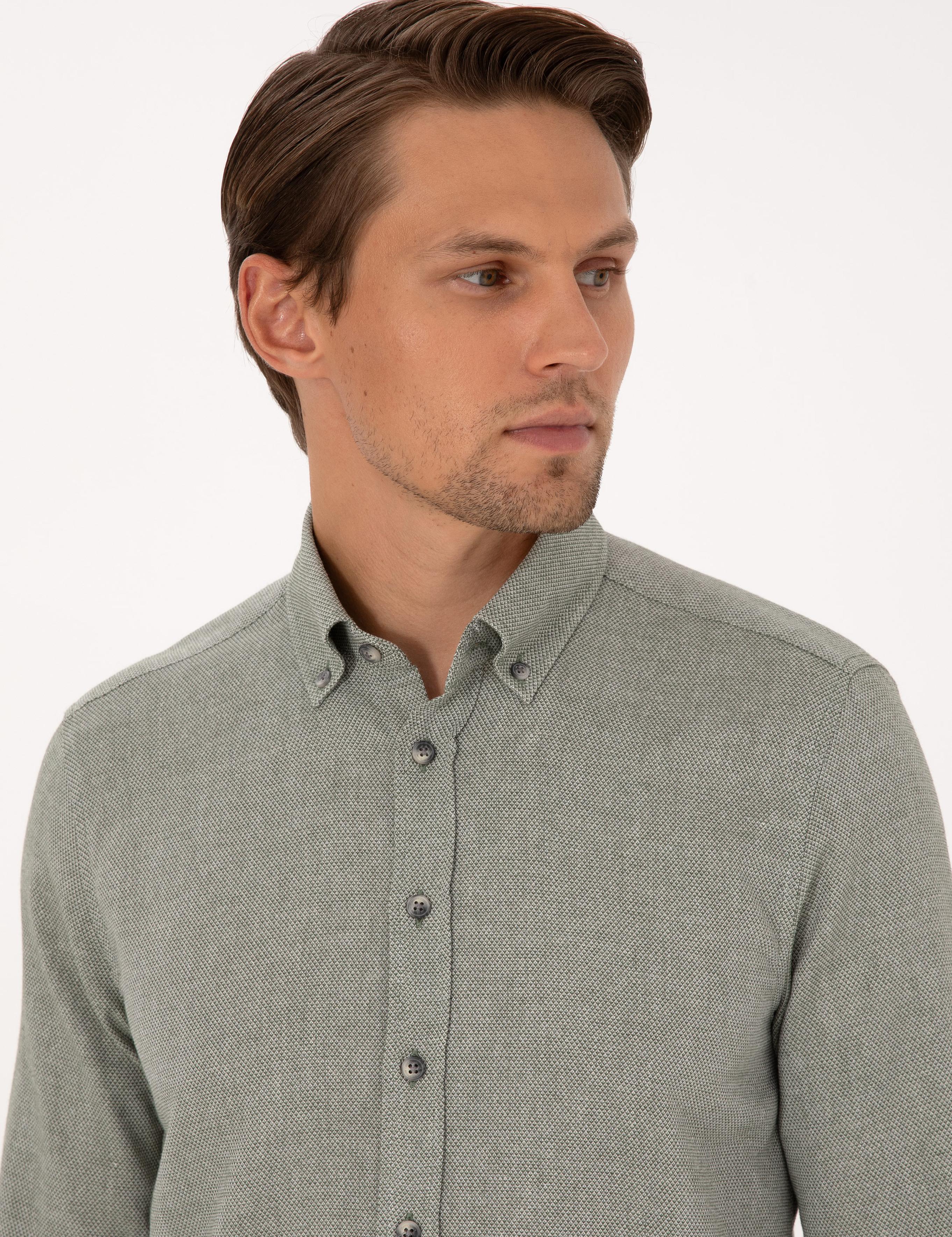 Yeşil Slim Fit Dokulu Uzun Kollu Gömlek