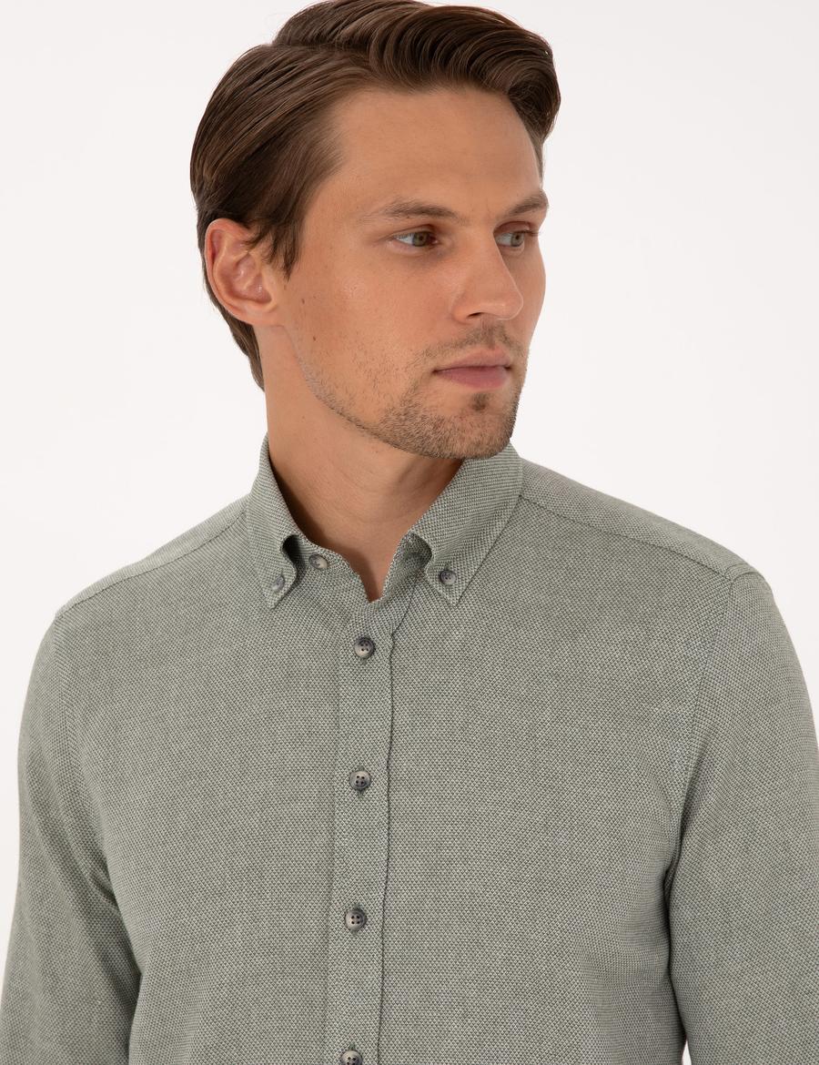 Yeşil Slim Fit Dokulu Uzun Kollu Gömlek