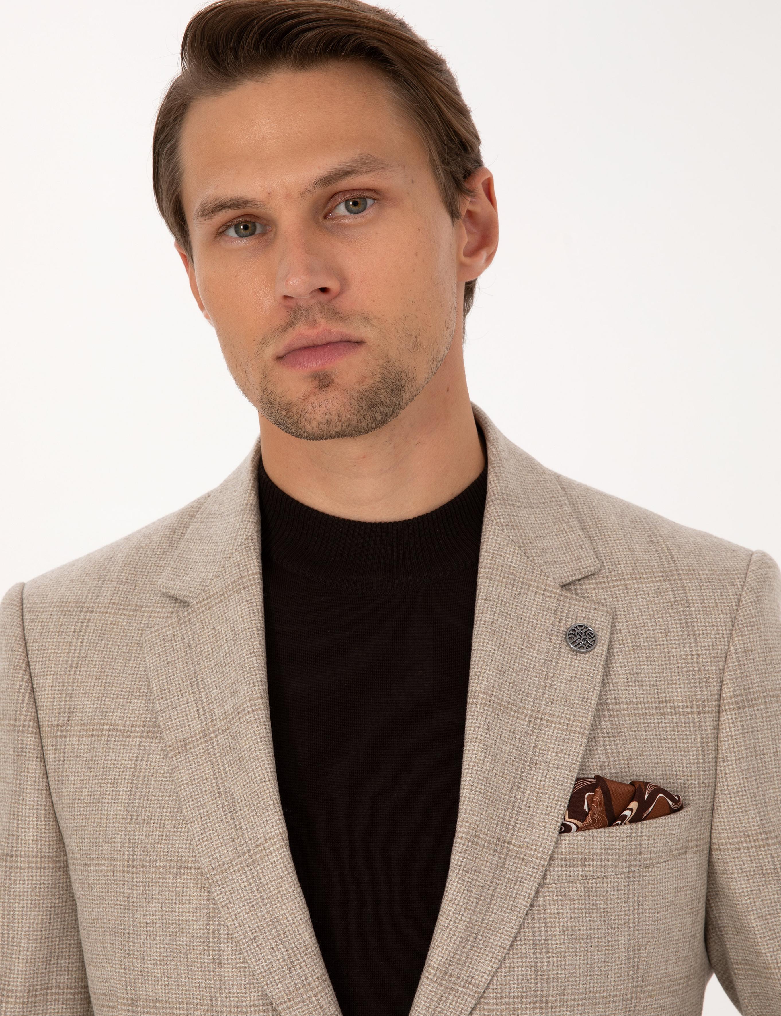 Bej Slim Fit %100 Yün Ekose Ceket