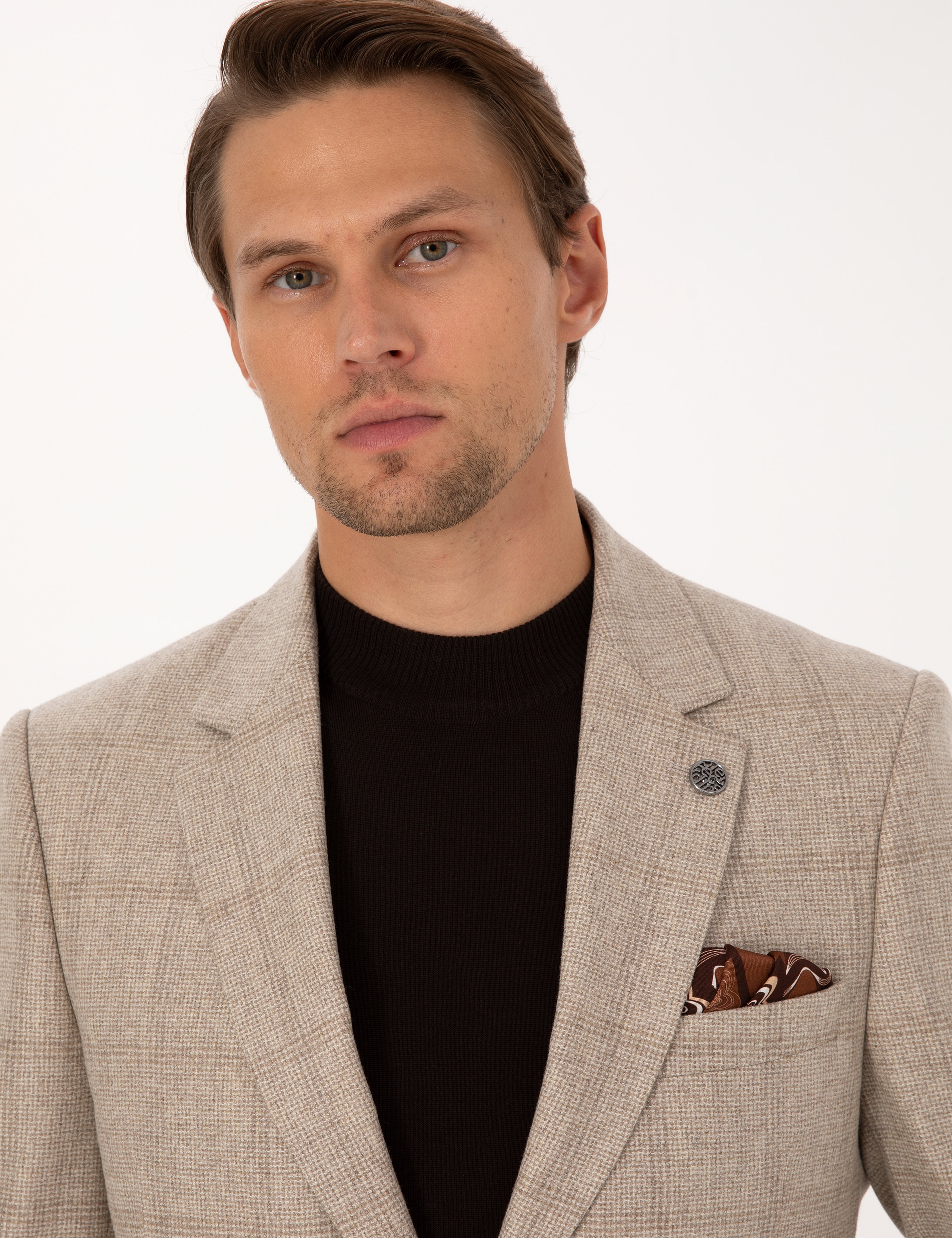 Bej Slim Fit %100 Yün Ekose Ceket - Image 2