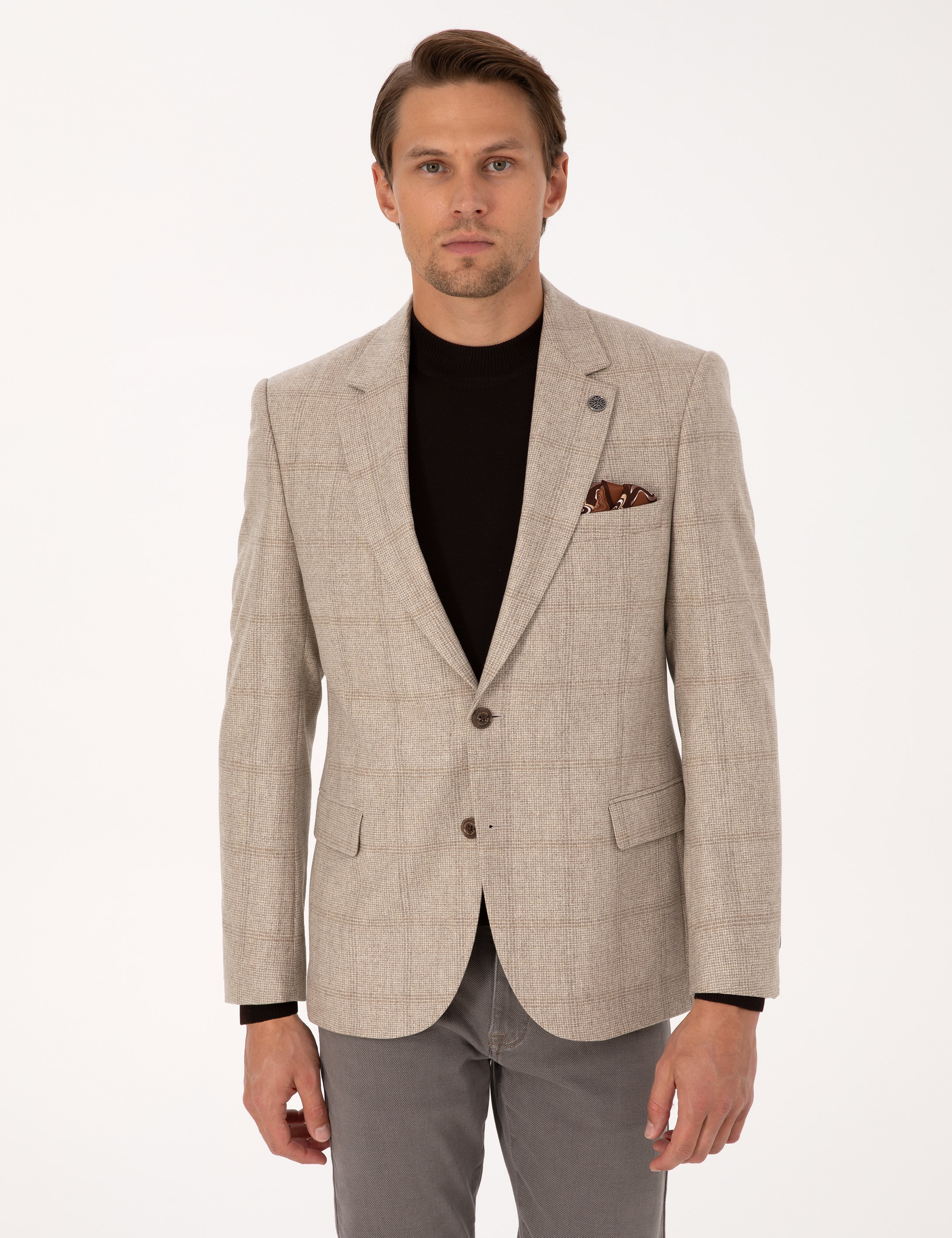 Bej Slim Fit %100 Yün Ekose Ceket - Image 1