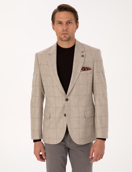 Bej Slim Fit %100 Yün Ekose Ceket - 50311232044