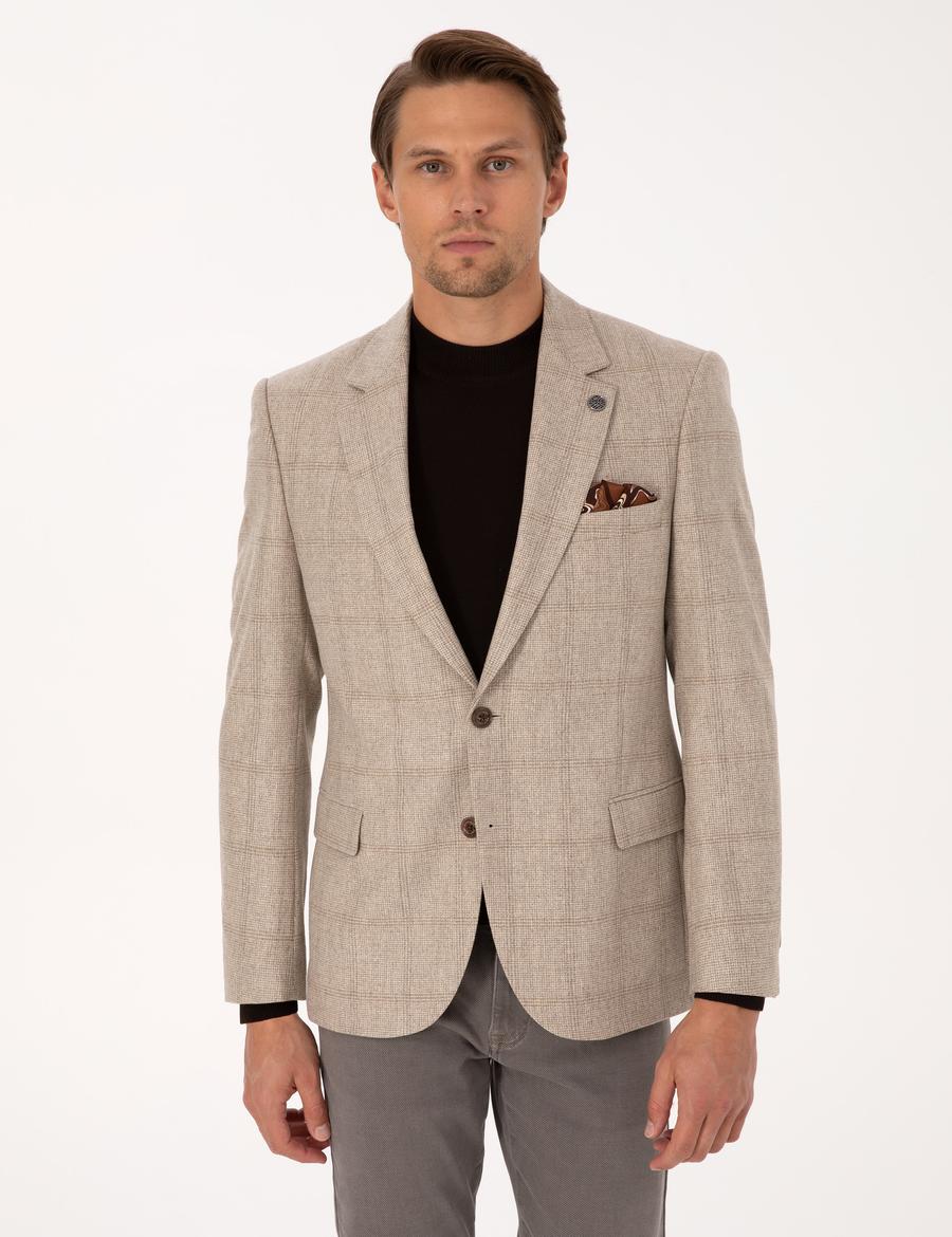 Bej Slim Fit %100 Yün Ekose Ceket