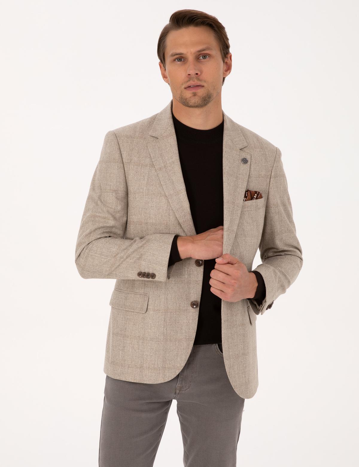 Bej Slim Fit %100 Yün Ekose Ceket - 50311232044