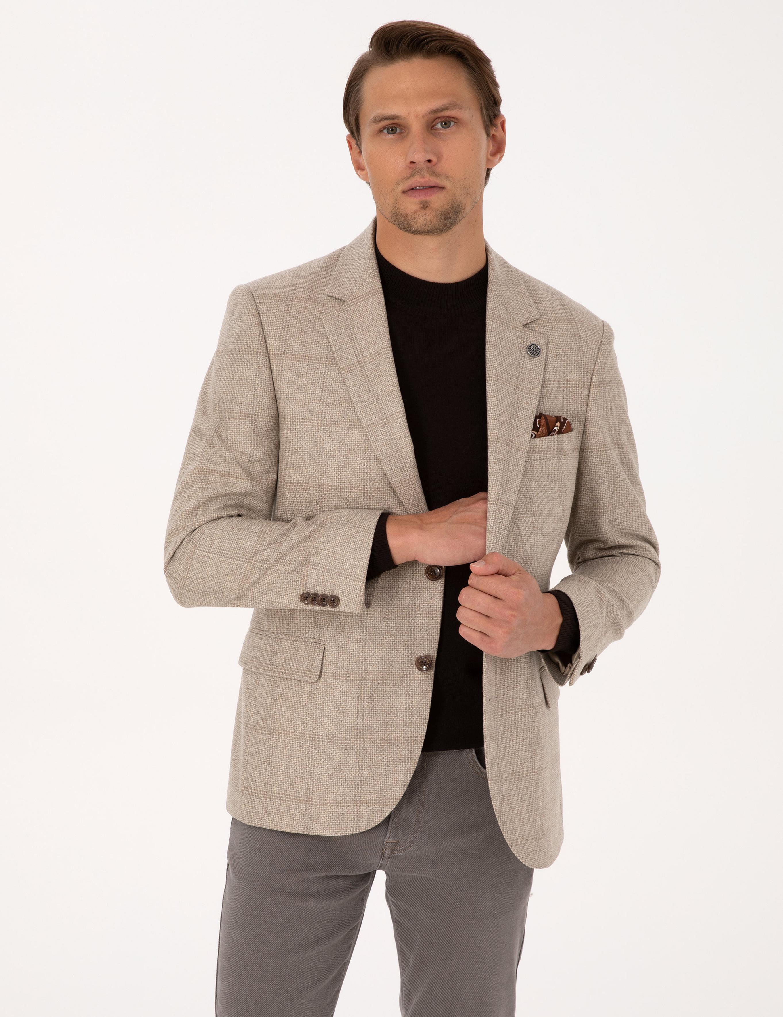 Bej Slim Fit %100 Yün Ekose Ceket