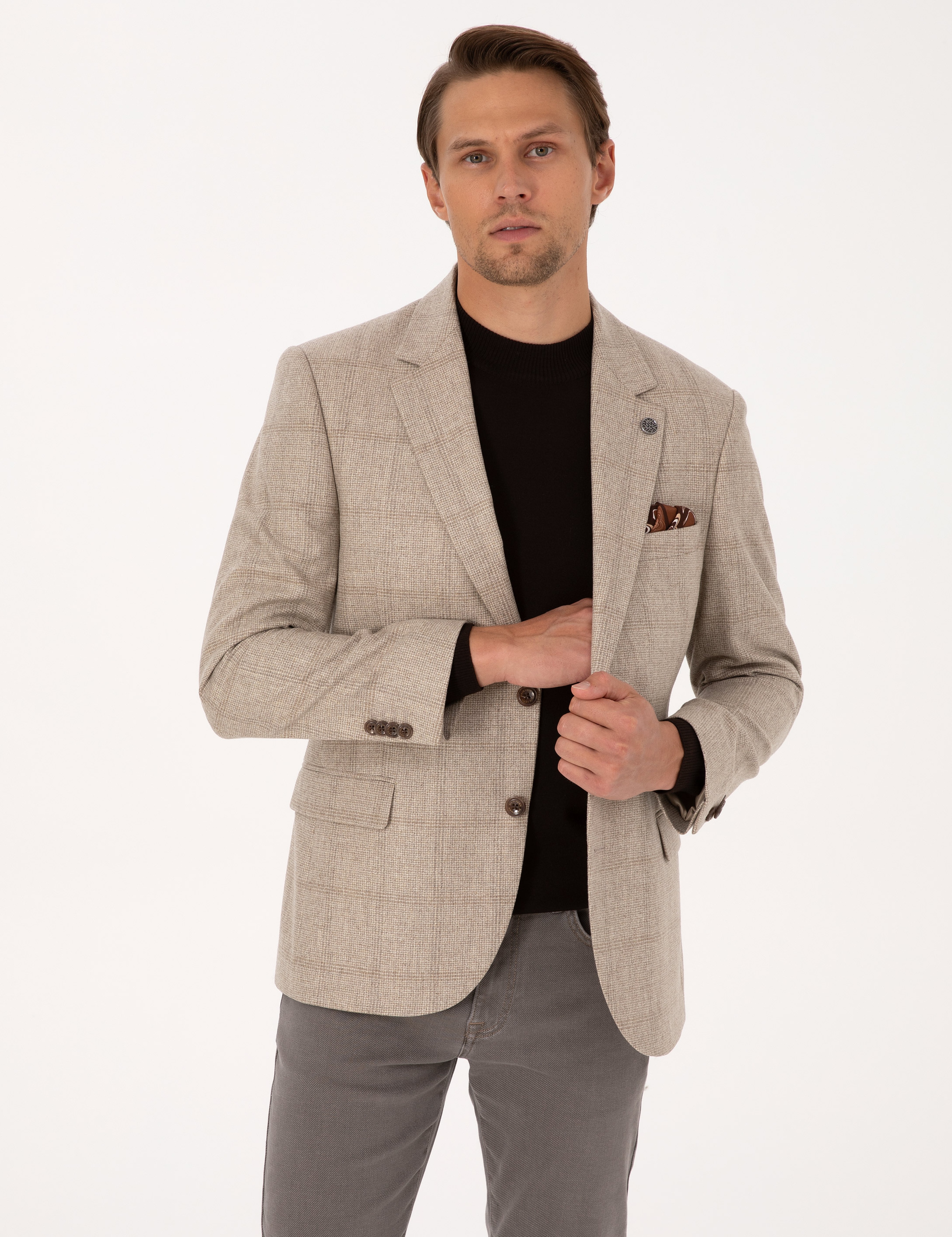 Bej Slim Fit %100 Yün Ekose Ceket - Image 3