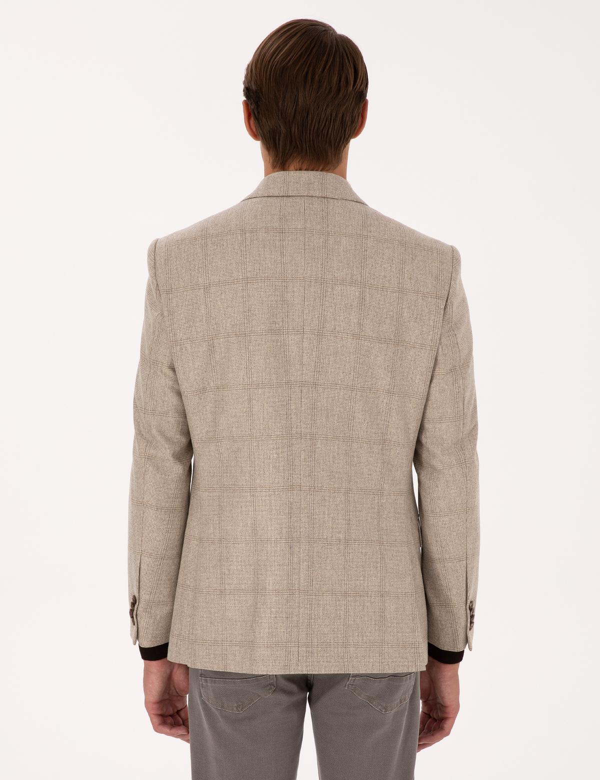 Bej Slim Fit %100 Yün Ekose Ceket - 50311232044